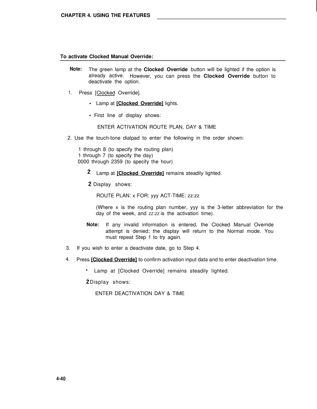 AT&T 75 manual To activate Clocked Manual Override, Lamp at Clocked Override lights 