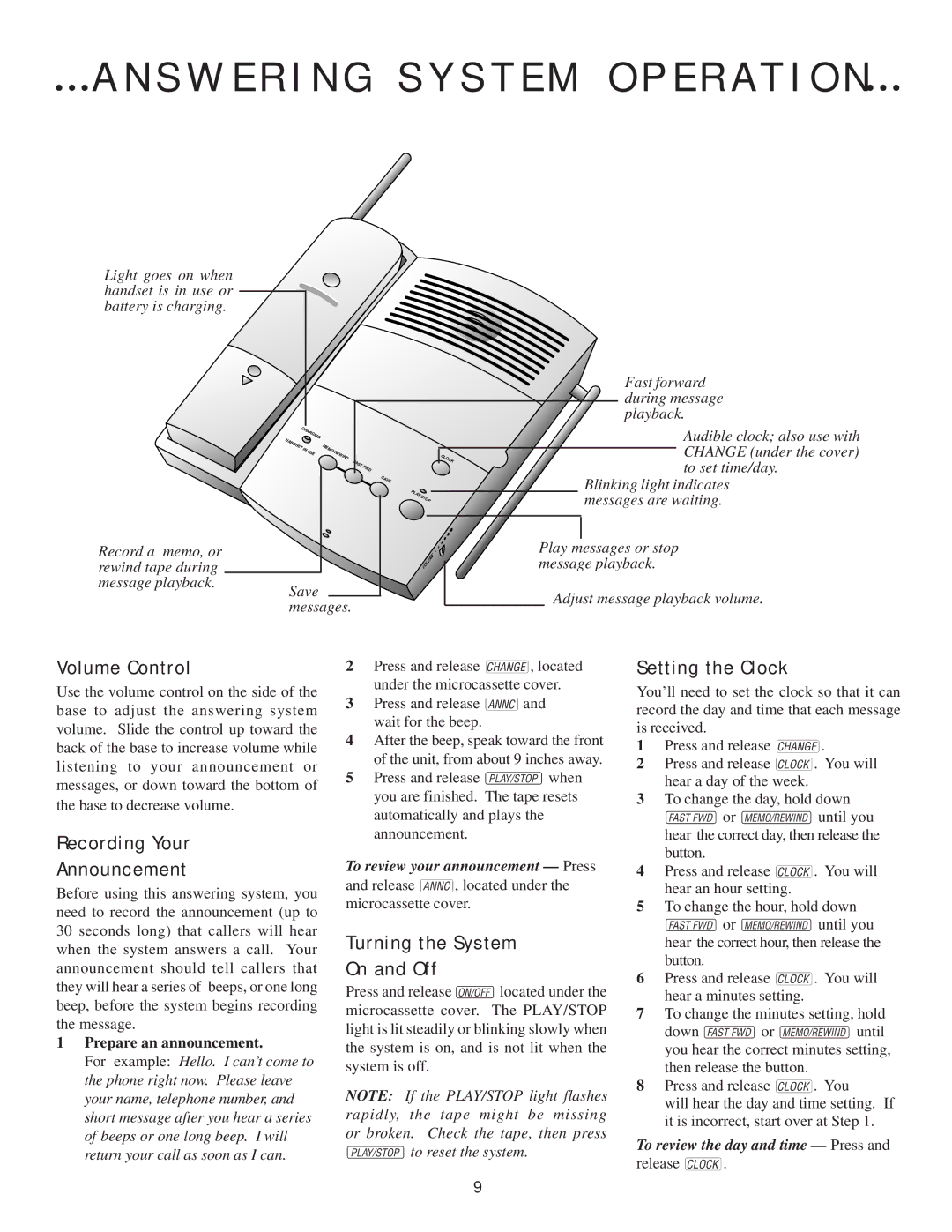 AT&T 7610 S W E R I N G S Y S T E M O P E R a T I O N, Volume Control, Recording Your Announcement, Setting the Clock 