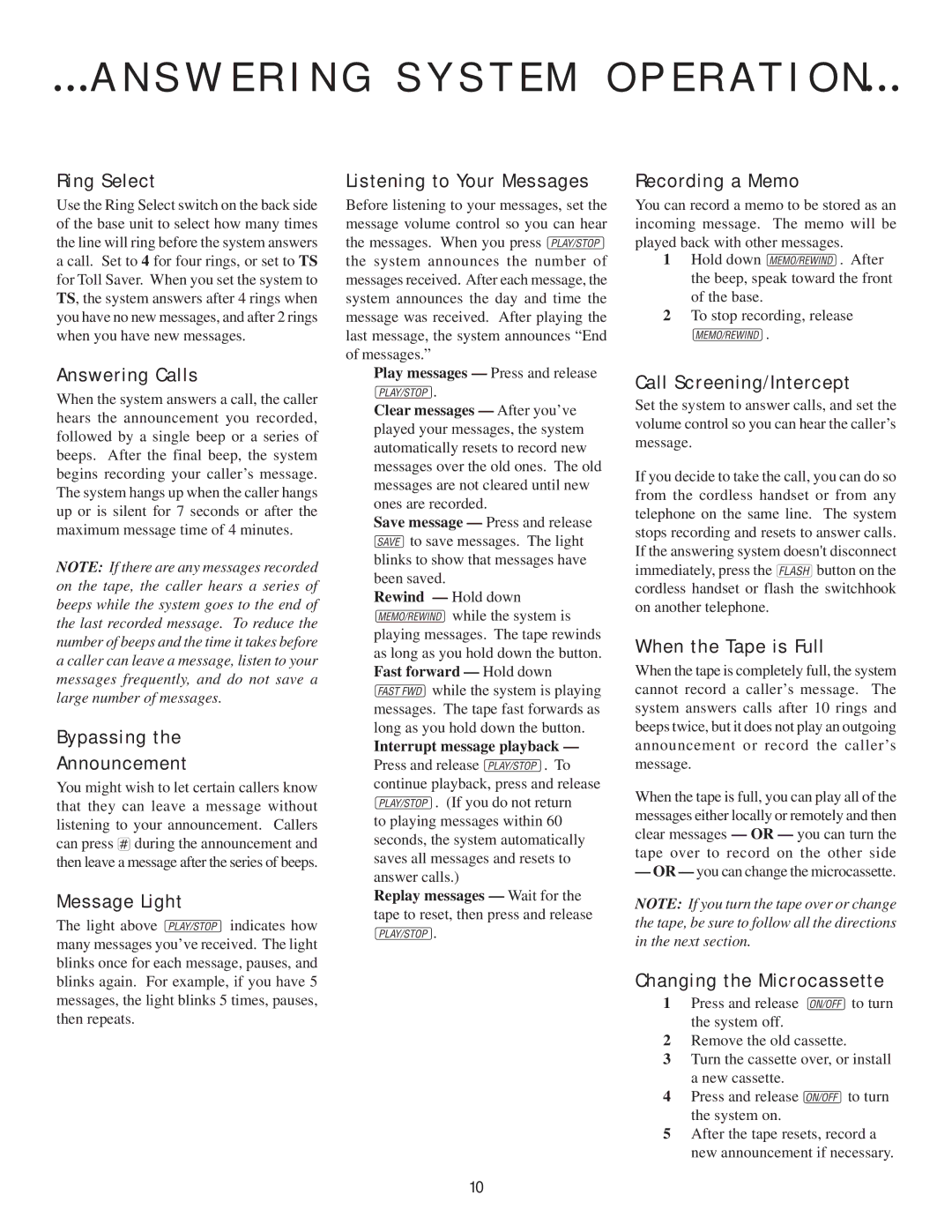 AT&T 7610 user manual Ring Select, Answering Calls, Bypassing Announcement, Message Light, Listening to Your Messages 