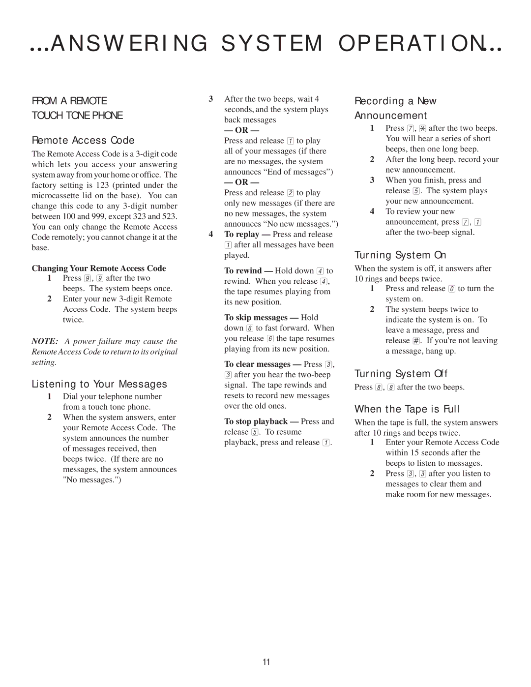 AT&T 7610 user manual Remote Access Code, Recording a New Announcement, Turning System On, Turning System Off 