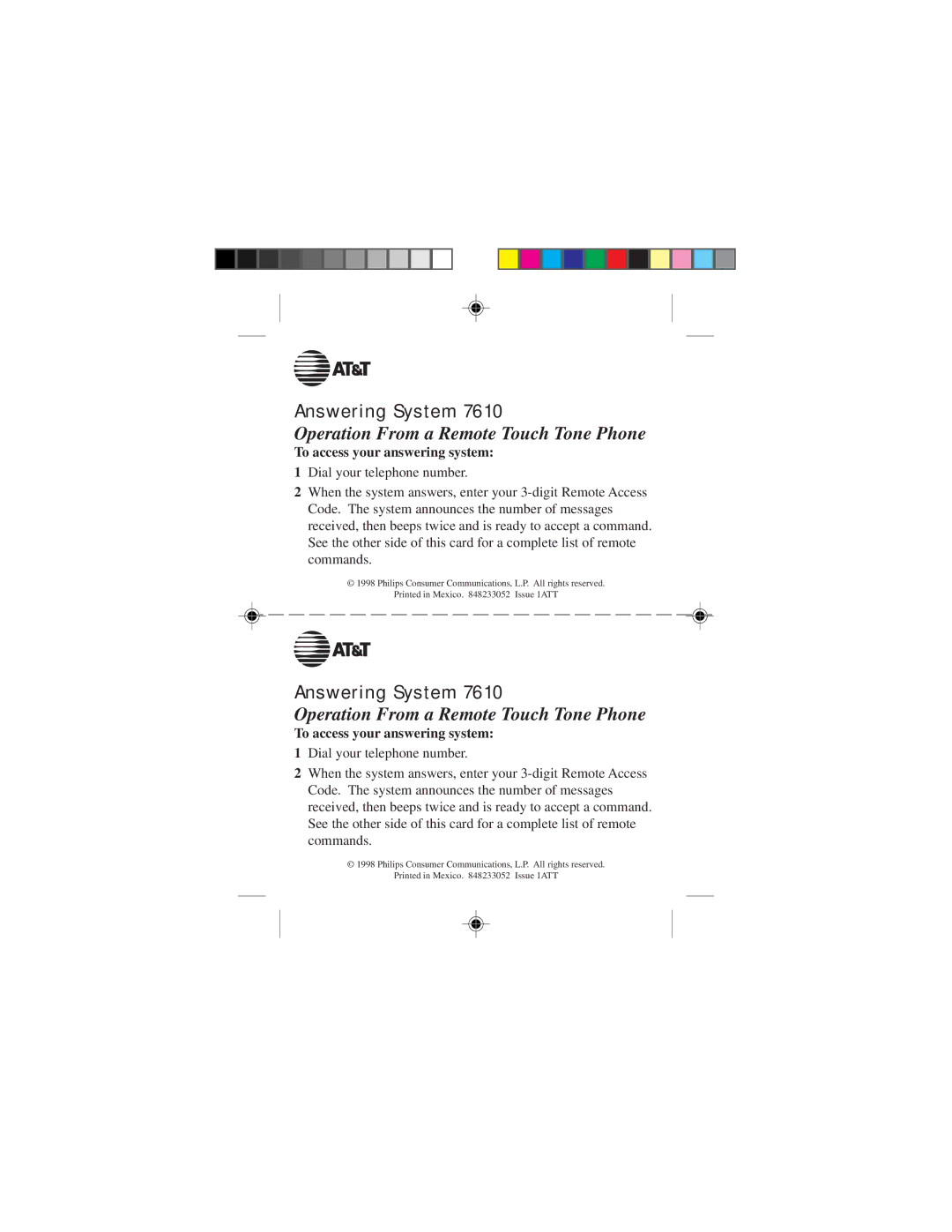 AT&T 7610 user manual Answering System, Operation From a Remote Touch Tone Phone 