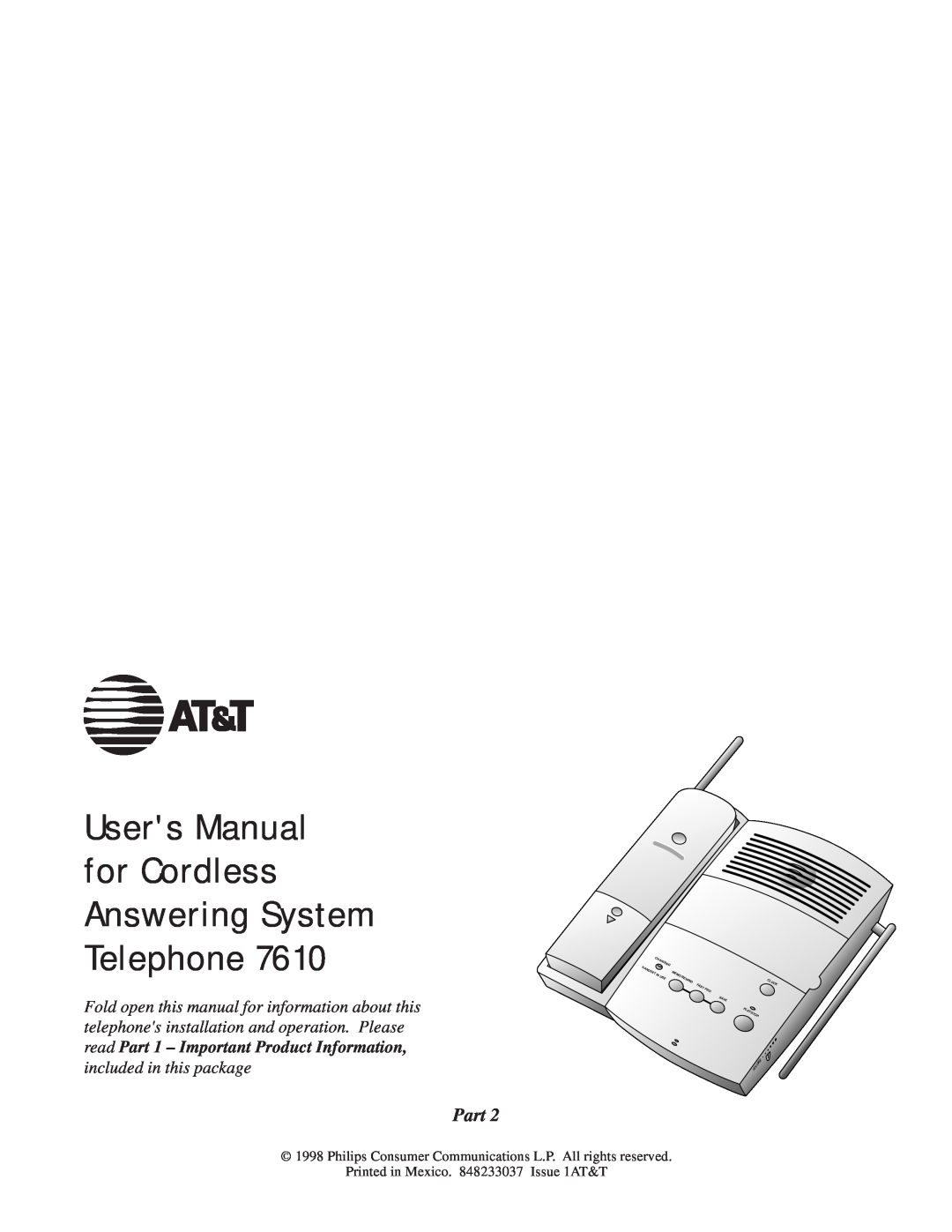 AT&T 7610 user manual Part, Users Manual for Cordless Answering System Telephone, included in this package, Save, Volume 
