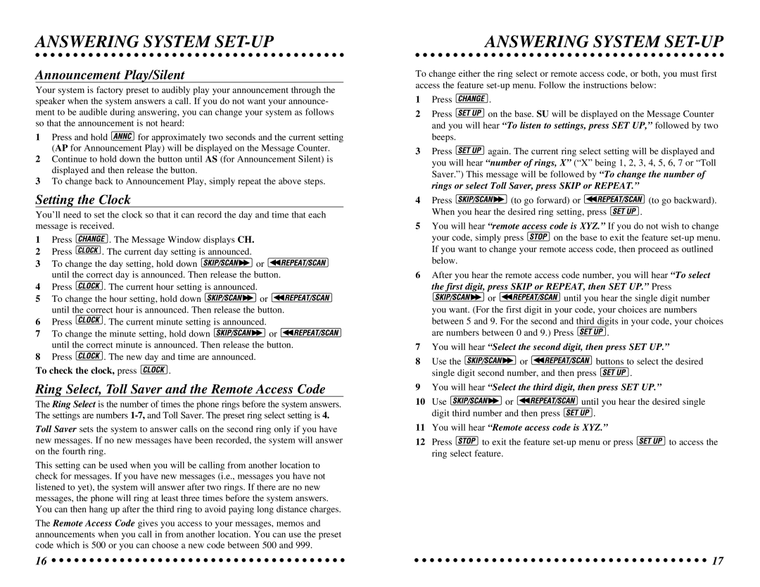 AT&T 7625 user manual Announcement Play/Silent, Setting the Clock, Ring Select, Toll Saver and the Remote Access Code 