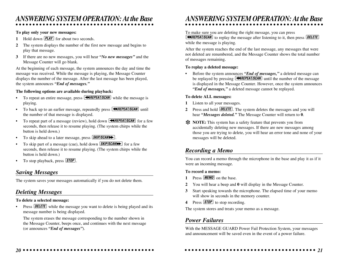 AT&T 7625 user manual Saving Messages, Deleting Messages, Recording a Memo, Power Failures 