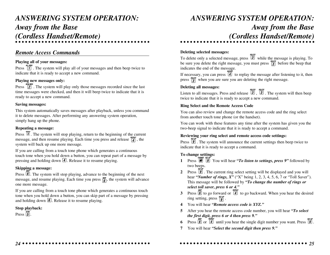 AT&T 7625 user manual Remote Access Commands, You will hear Select the second digit then press 