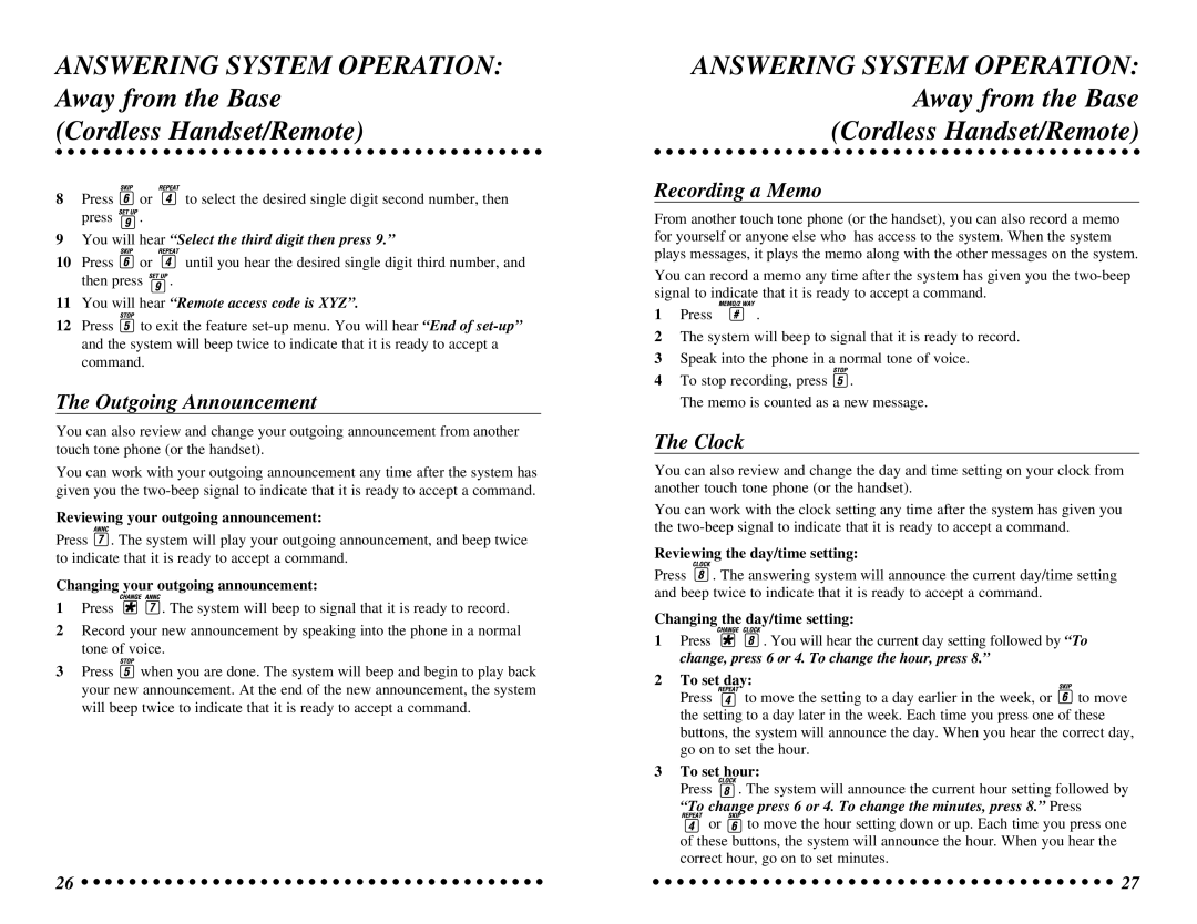 AT&T 7625 user manual Outgoing Announcement, Clock, You will hear Select the third digit then press 