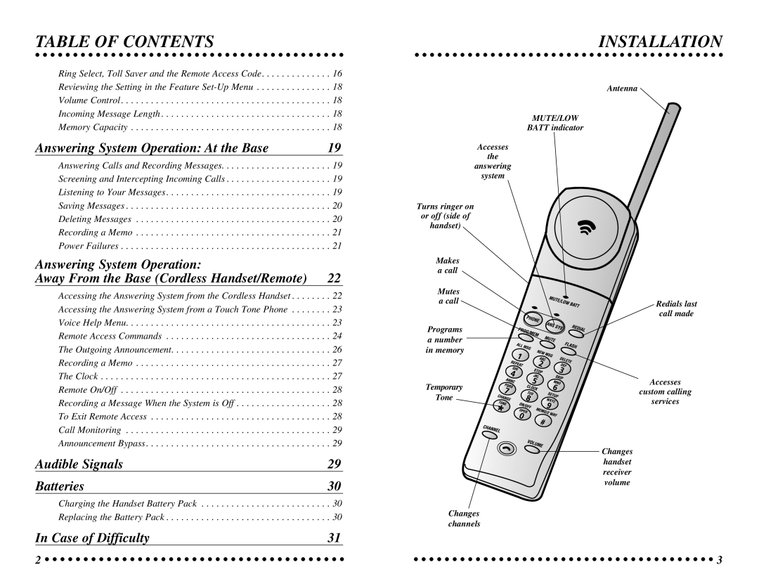 AT&T 7625 user manual Installation, Answering System Operation At the Base, Audible Signals Batteries, Case of Difficulty 