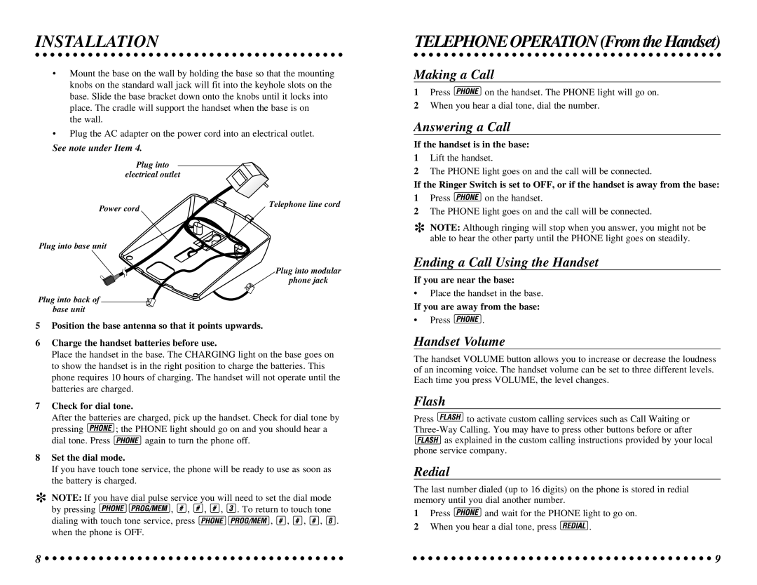 AT&T 7625 user manual Making a Call, Answering a Call, Ending a Call Using the Handset, Handset Volume, Flash, Redial 