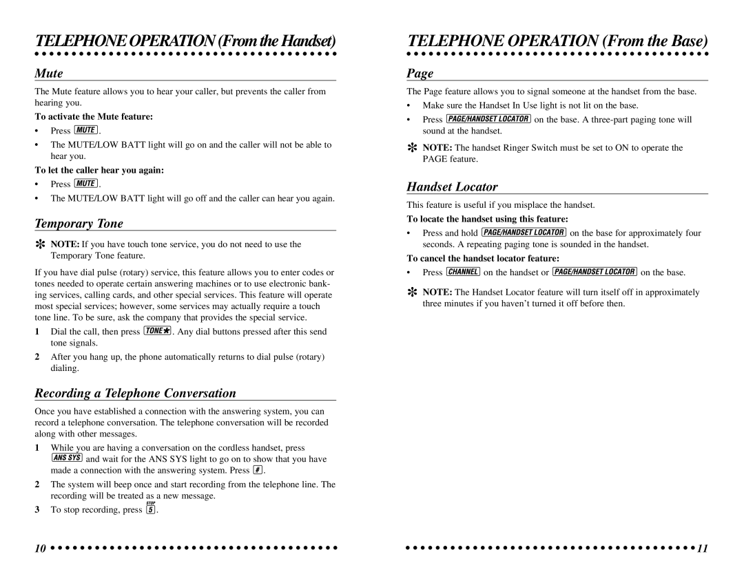 AT&T 7625 user manual Mute, Temporary Tone, Recording a Telephone Conversation, Handset Locator 