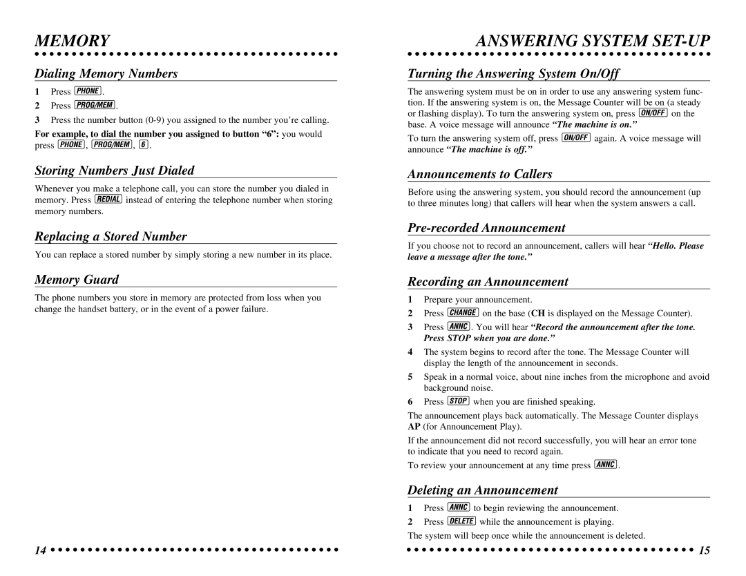 AT&T 7625 user manual Answering System SET-UP 