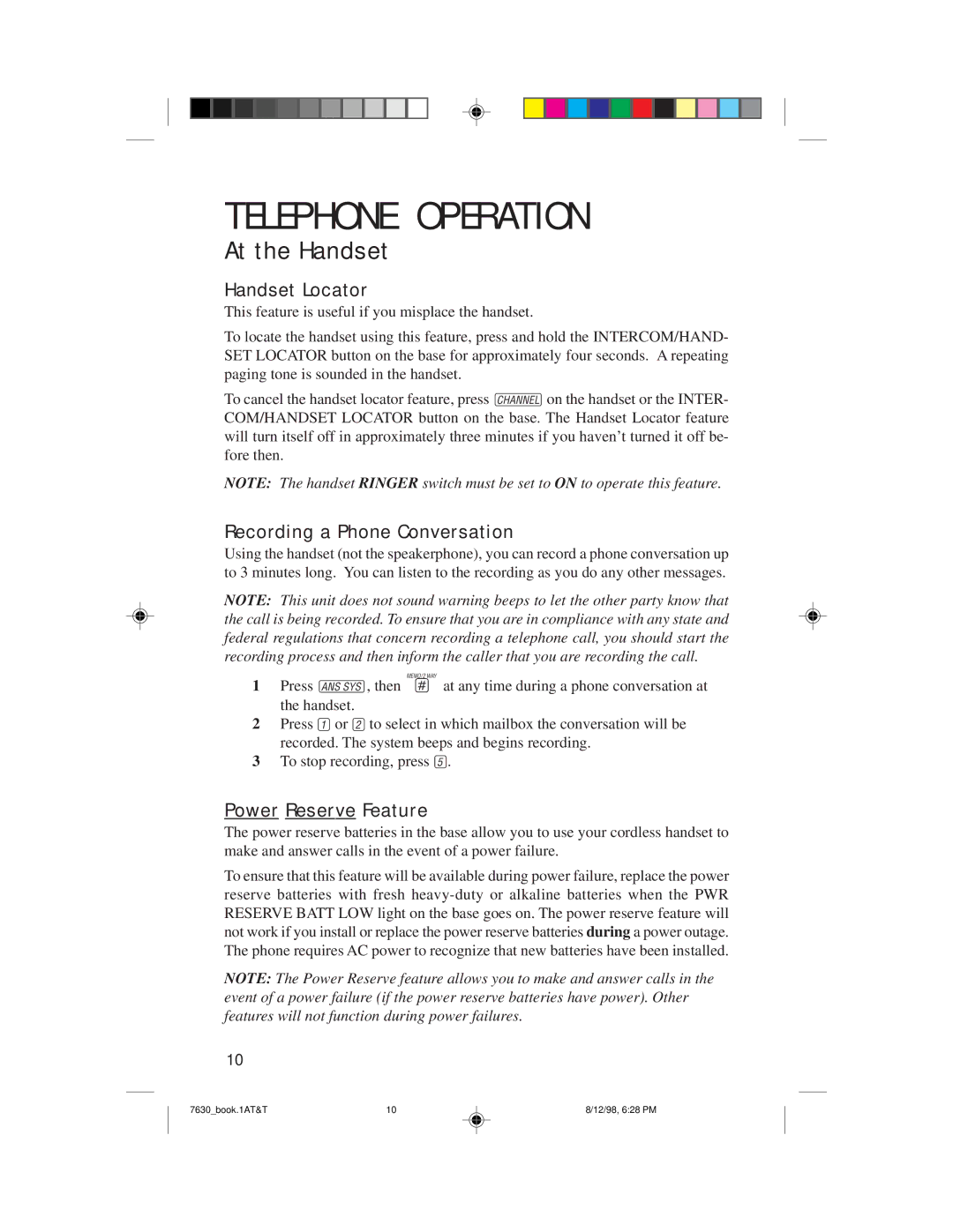 AT&T 7630 user manual Handset Locator, Recording a Phone Conversation, Power Reserve Feature 