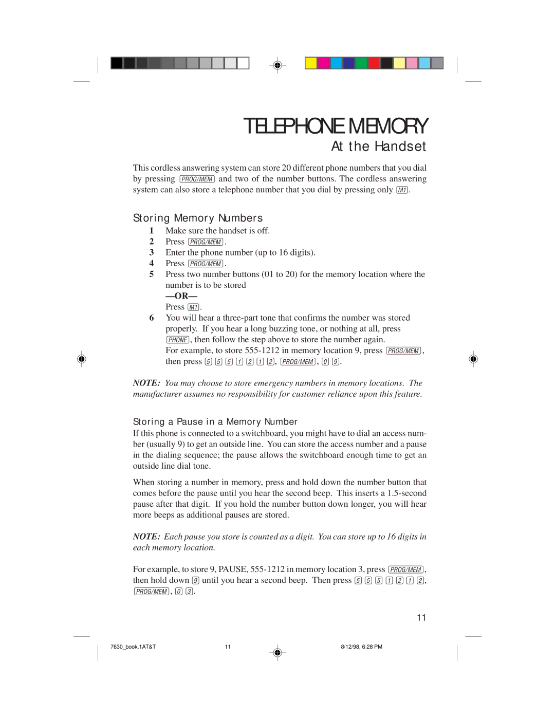 AT&T 7630 user manual Telephone Memory, Storing Memory Numbers, Storing a Pause in a Memory Number, OR- Press M 