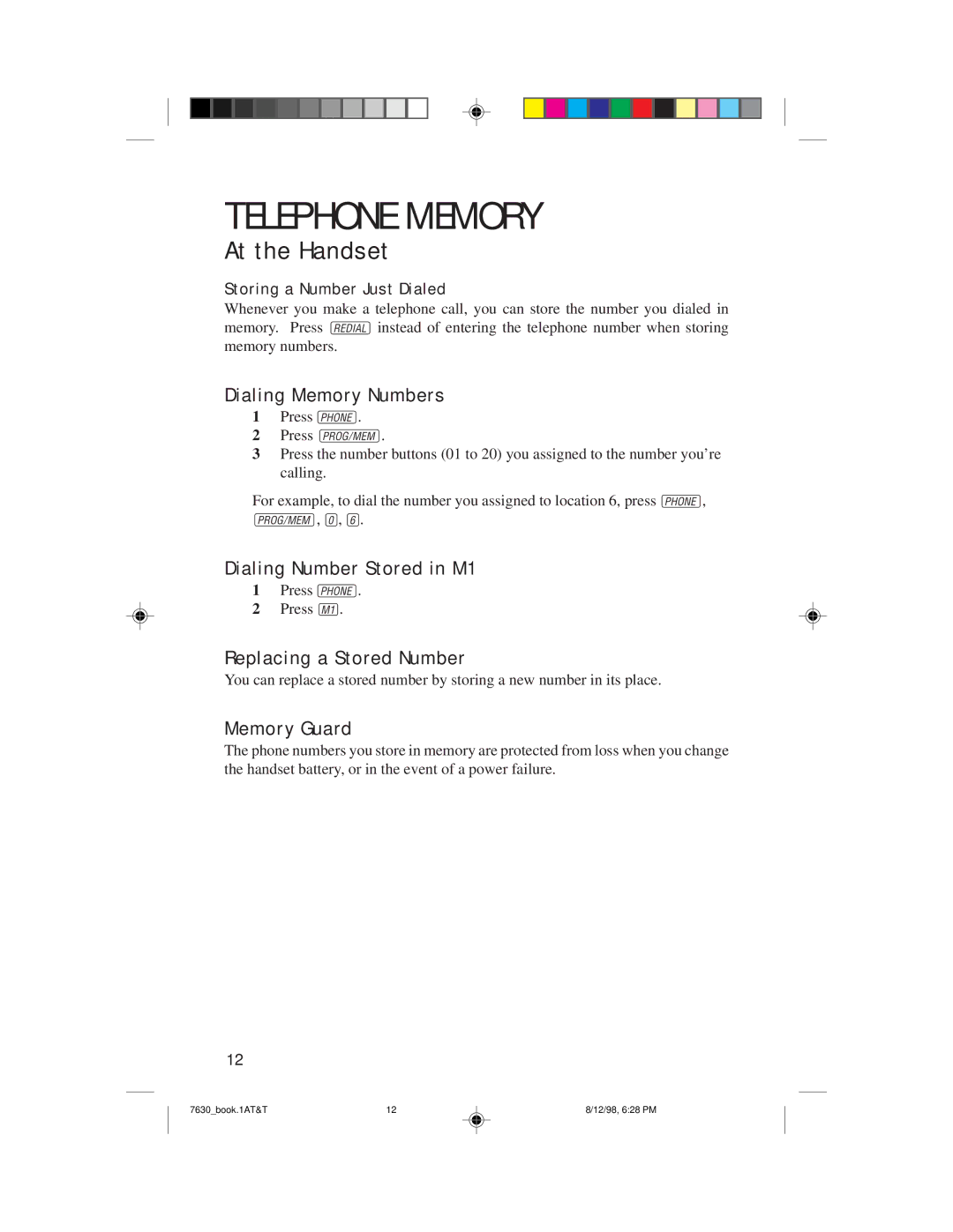 AT&T 7630 user manual Dialing Memory Numbers, Dialing Number Stored in M1, Replacing a Stored Number, Memory Guard 