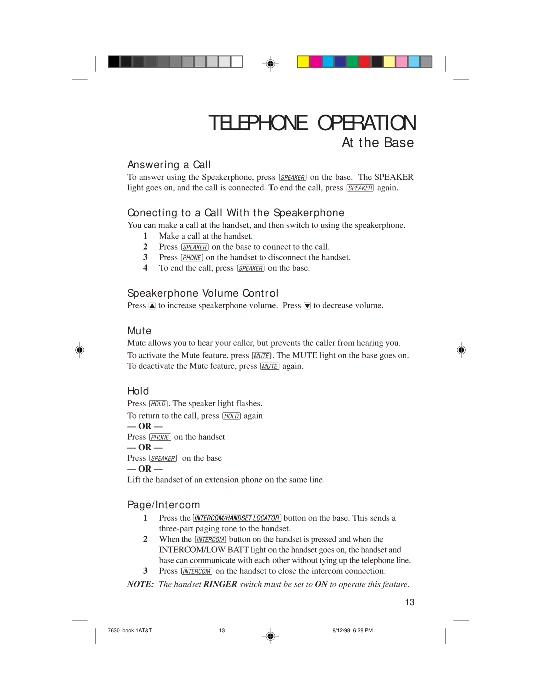 AT&T 7630 user manual Conecting to a Call With the Speakerphone, Speakerphone Volume Control, Mute 