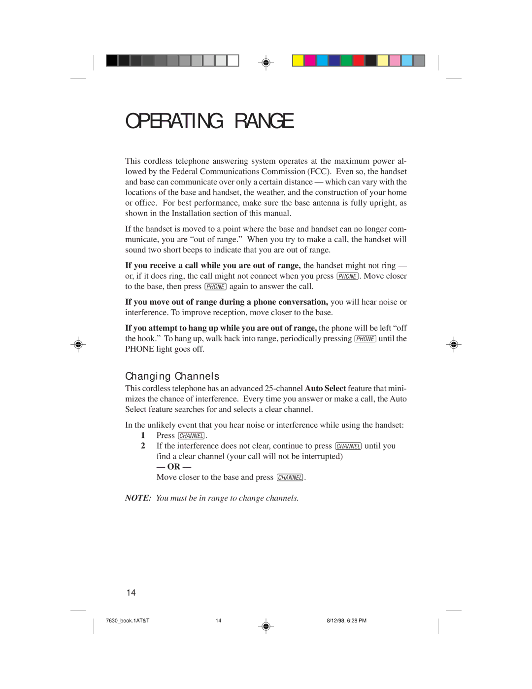 AT&T 7630 user manual Operating Range, Changing Channels 