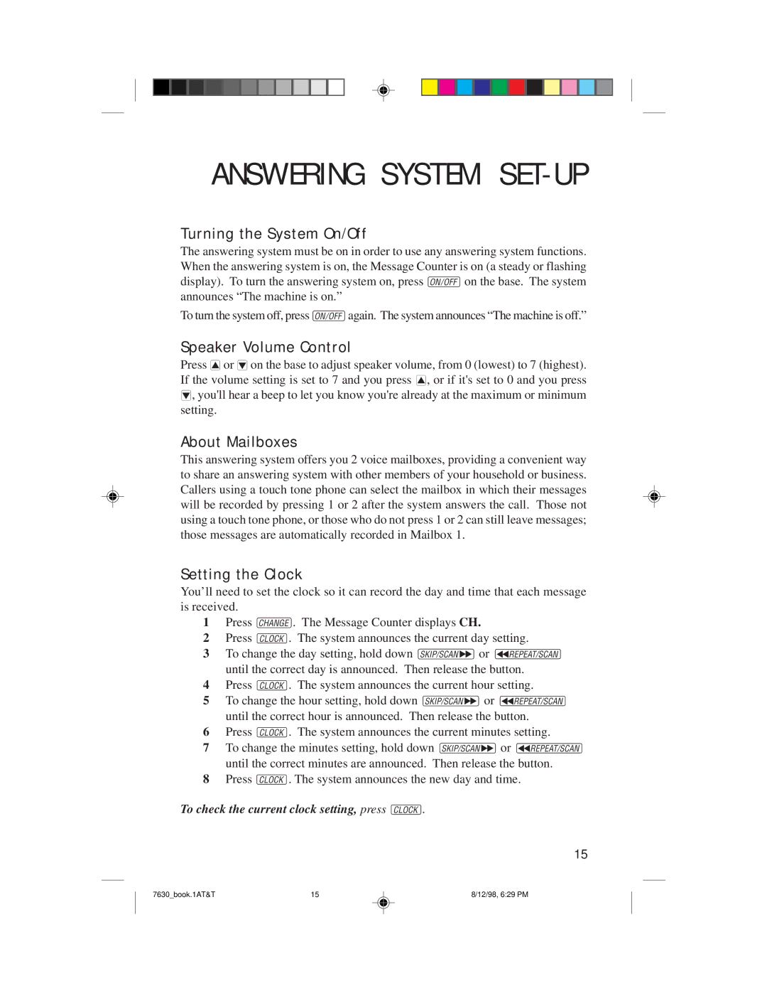 AT&T 7630 Answering System SET-UP, Turning the System On/Off, Speaker Volume Control, About Mailboxes, Setting the Clock 