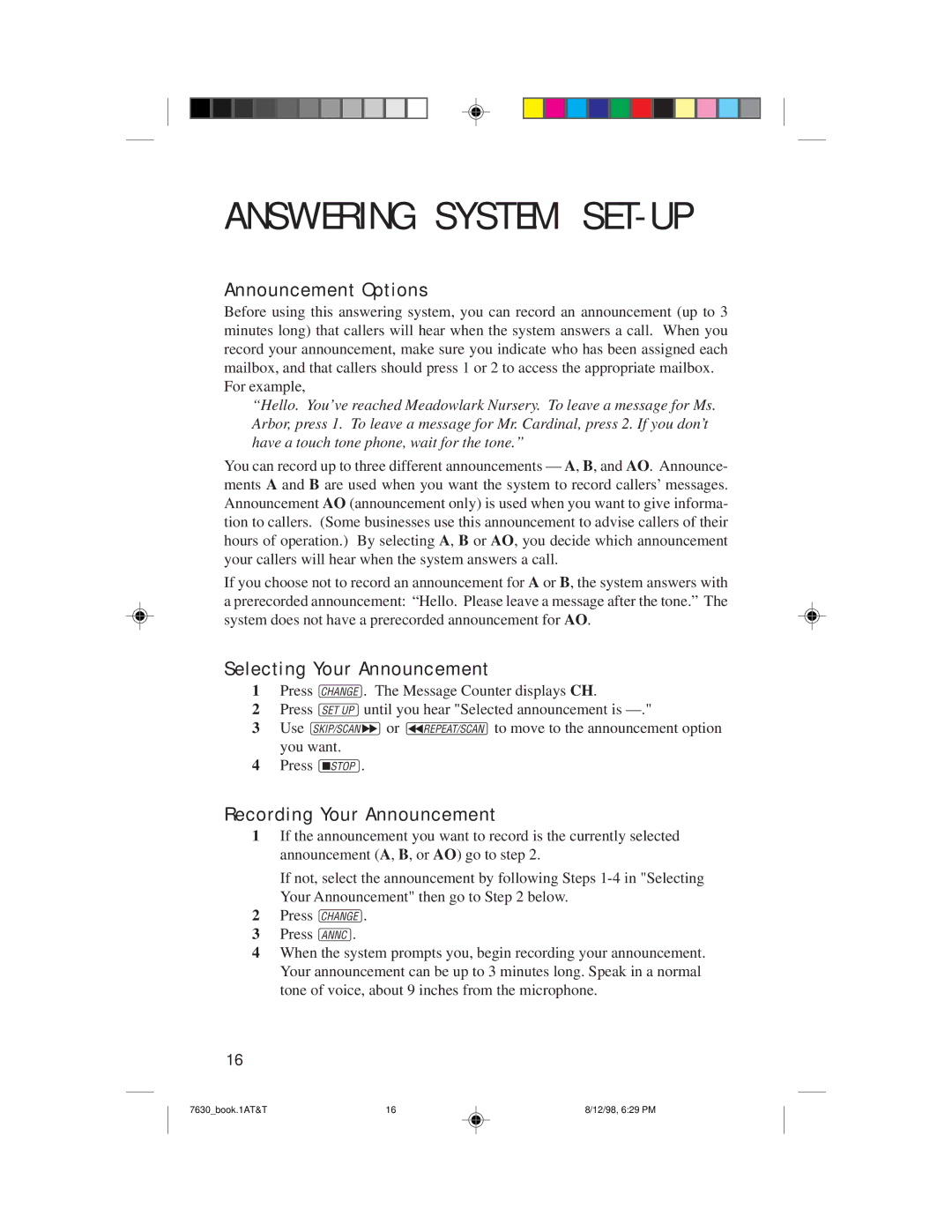 AT&T 7630 user manual Announcement Options, Selecting Your Announcement, Recording Your Announcement 