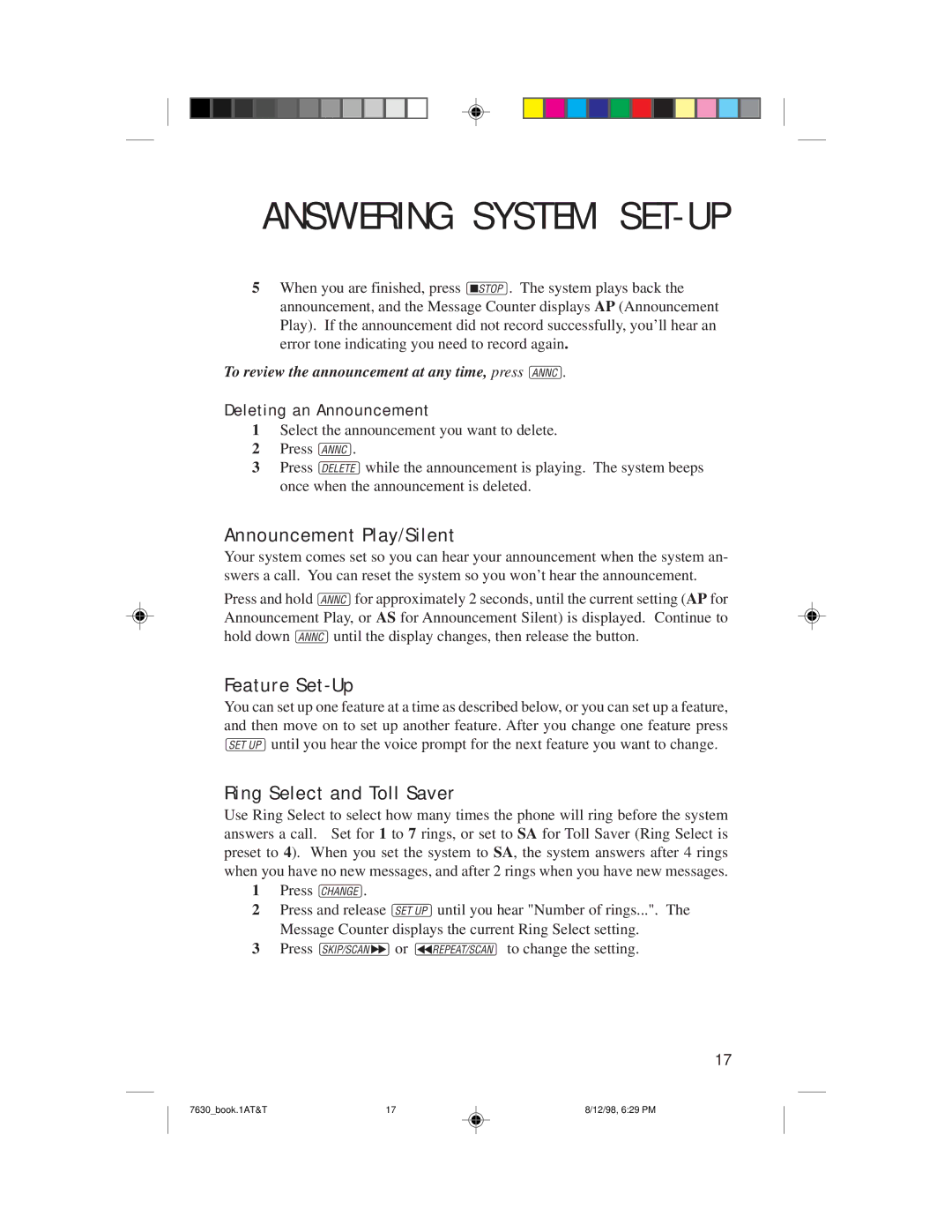 AT&T 7630 user manual Announcement Play/Silent, Feature Set-Up, Ring Select and Toll Saver, Deleting an Announcement 