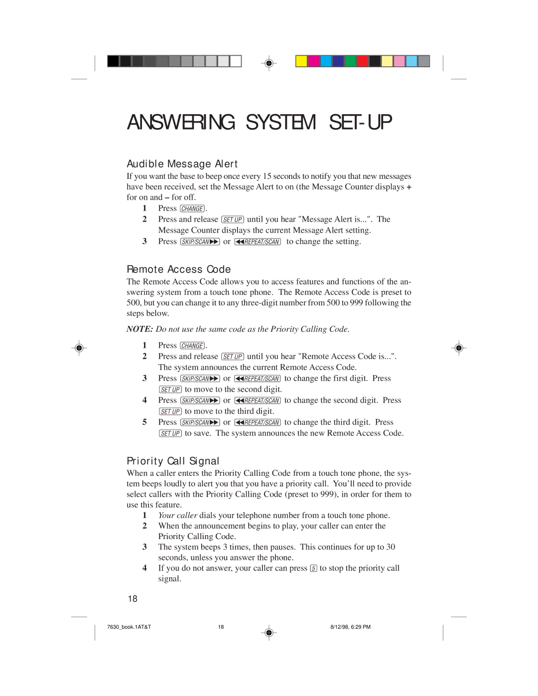 AT&T 7630 user manual Audible Message Alert, Remote Access Code, Priority Call Signal 