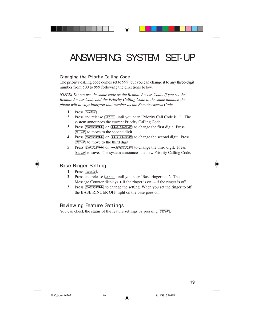 AT&T 7630 user manual Base Ringer Setting, Reviewing Feature Settings, Changing the Priority Calling Code 