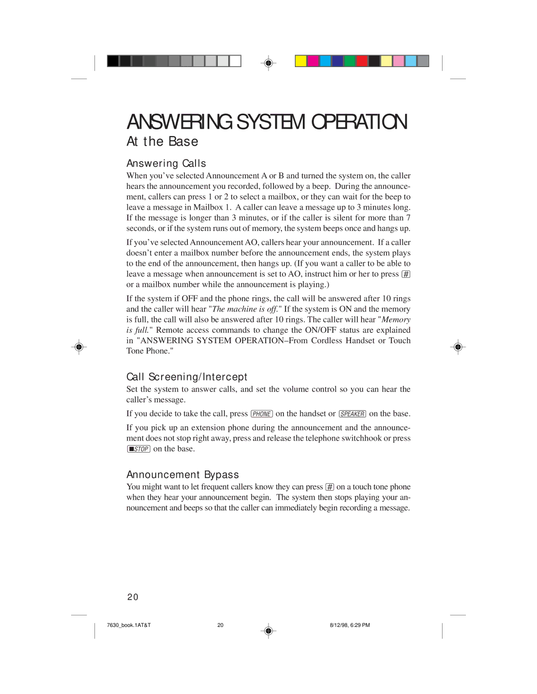 AT&T 7630 user manual Answering System Operation, Answering Calls, Call Screening/Intercept, Announcement Bypass 