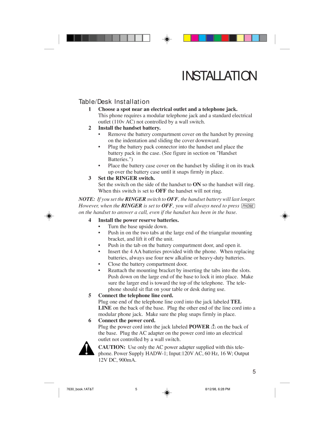 AT&T 7630 user manual Table/Desk Installation 