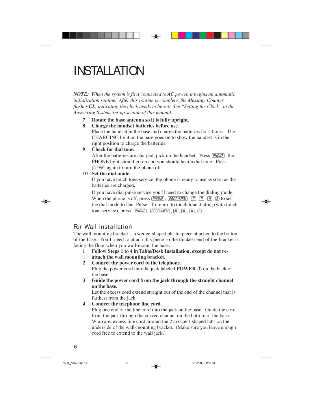 AT&T 7630 user manual For Wall Installation, Check for dial tone, Set the dial mode 