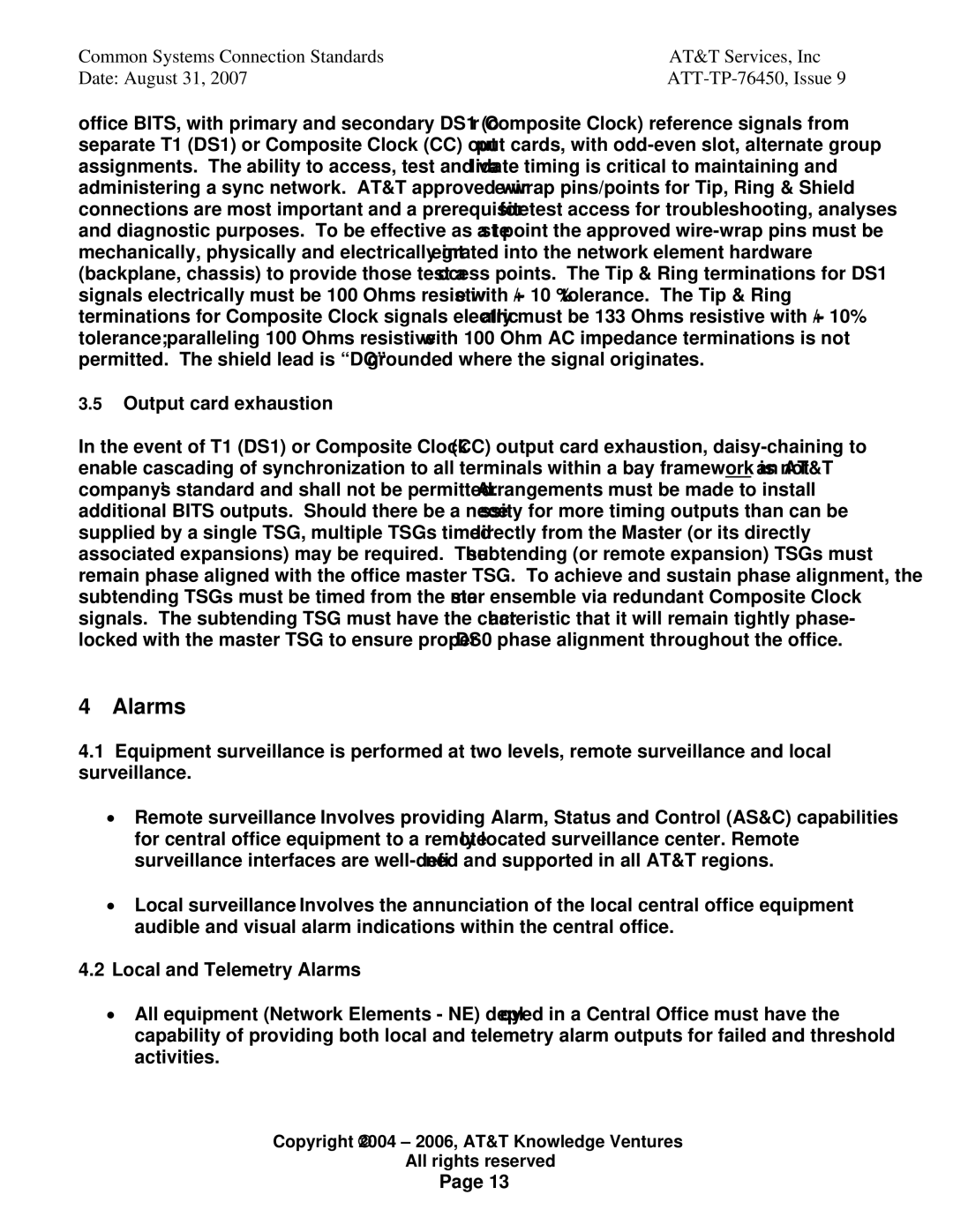 AT&T 76450 manual Alarms, Output card exhaustion 