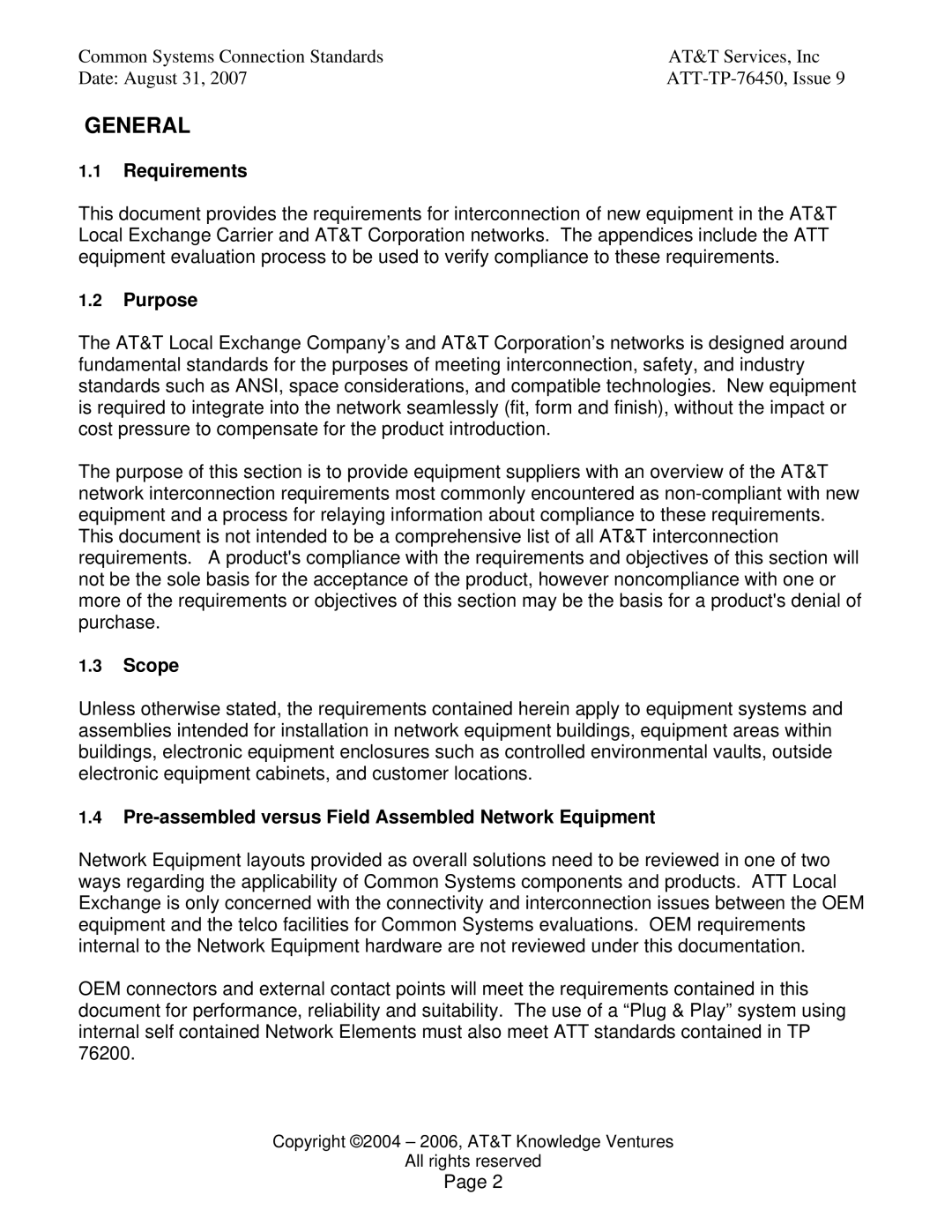 AT&T 76450 manual Requirements, Purpose, Scope, Pre-assembled versus Field Assembled Network Equipment 