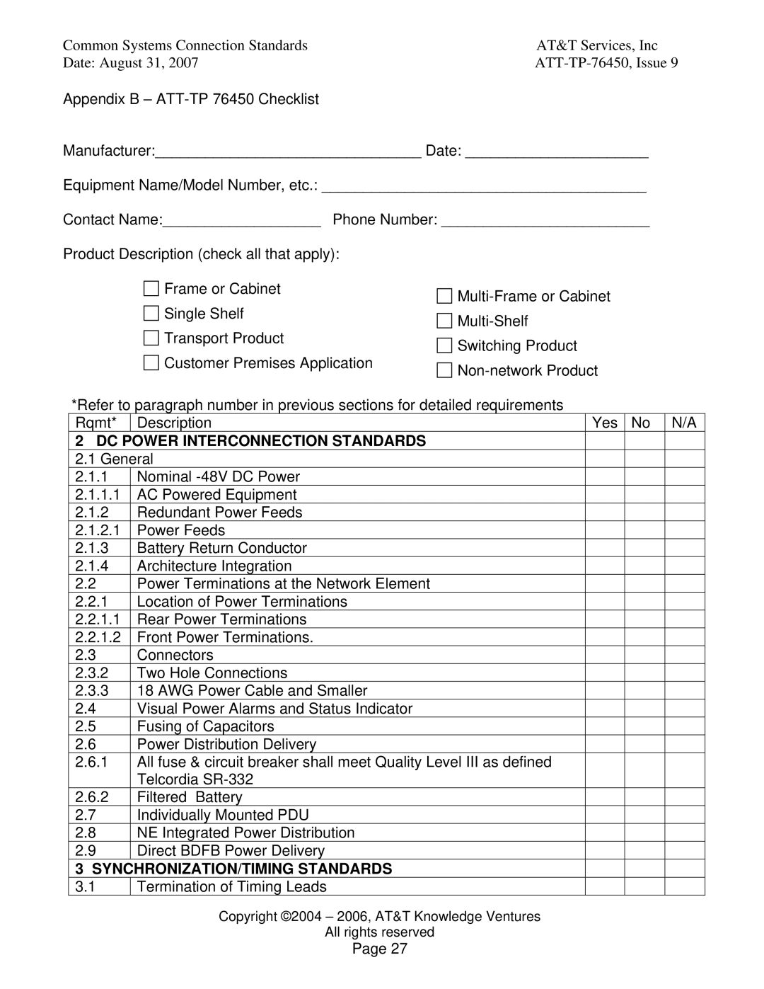 AT&T 76450 manual Power Interconnection Standards 