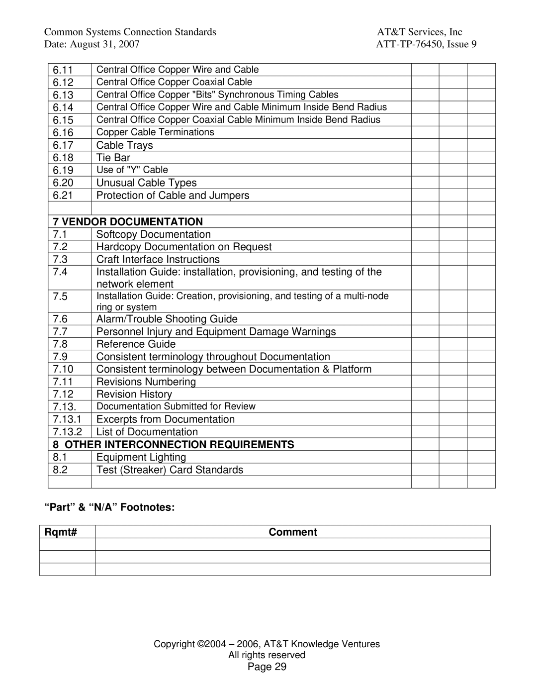 AT&T 76450 manual Vendor Documentation, Part & N/A Footnotes Rqmt# Comment 