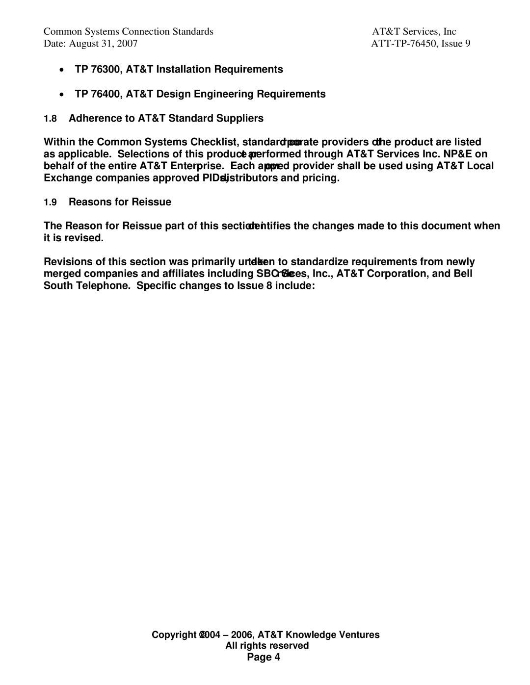 AT&T 76450 manual Adherence to AT&T Standard Suppliers, Reasons for Reissue 