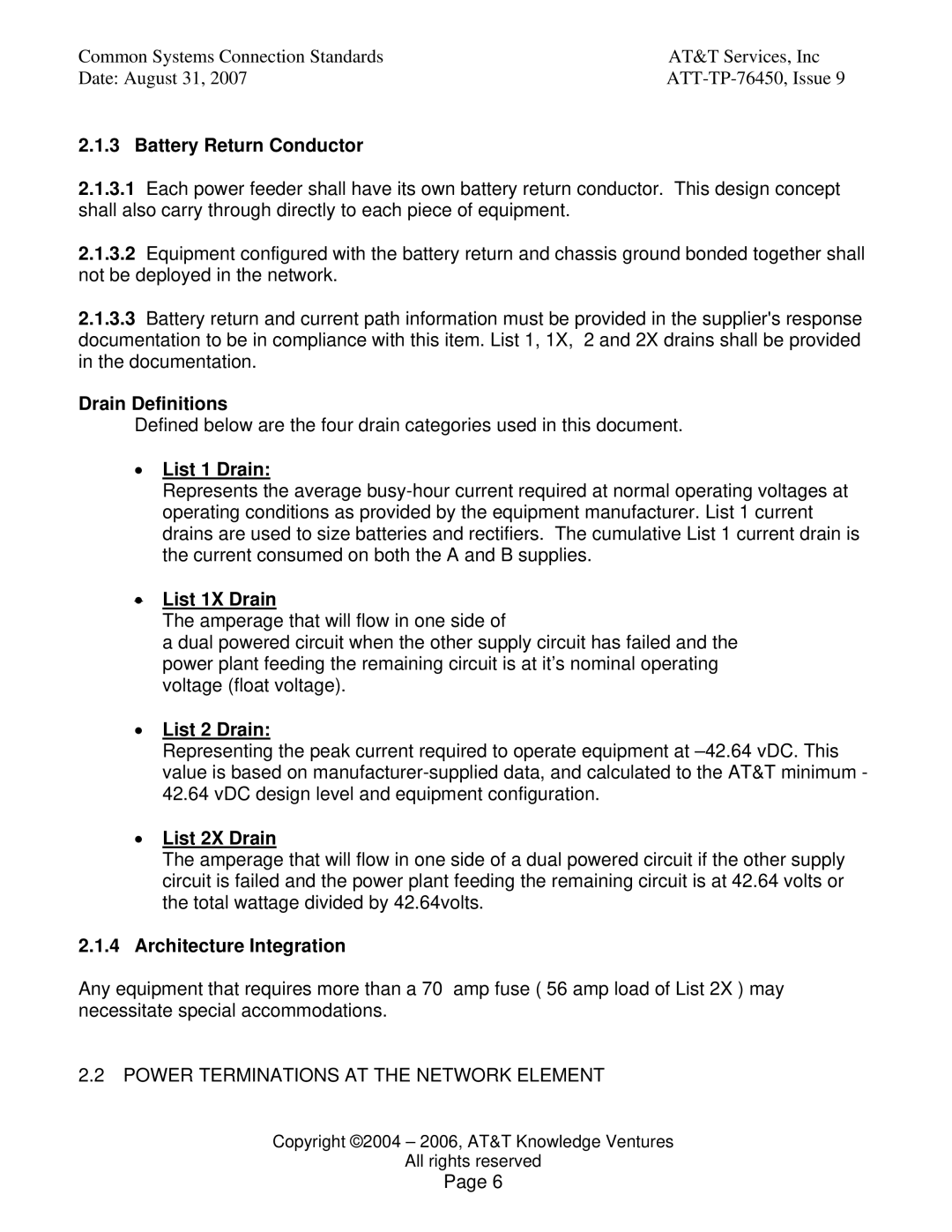 AT&T 76450 manual Battery Return Conductor, Drain Definitions, List 1 Drain, List 1X Drain, List 2 Drain, List 2X Drain 