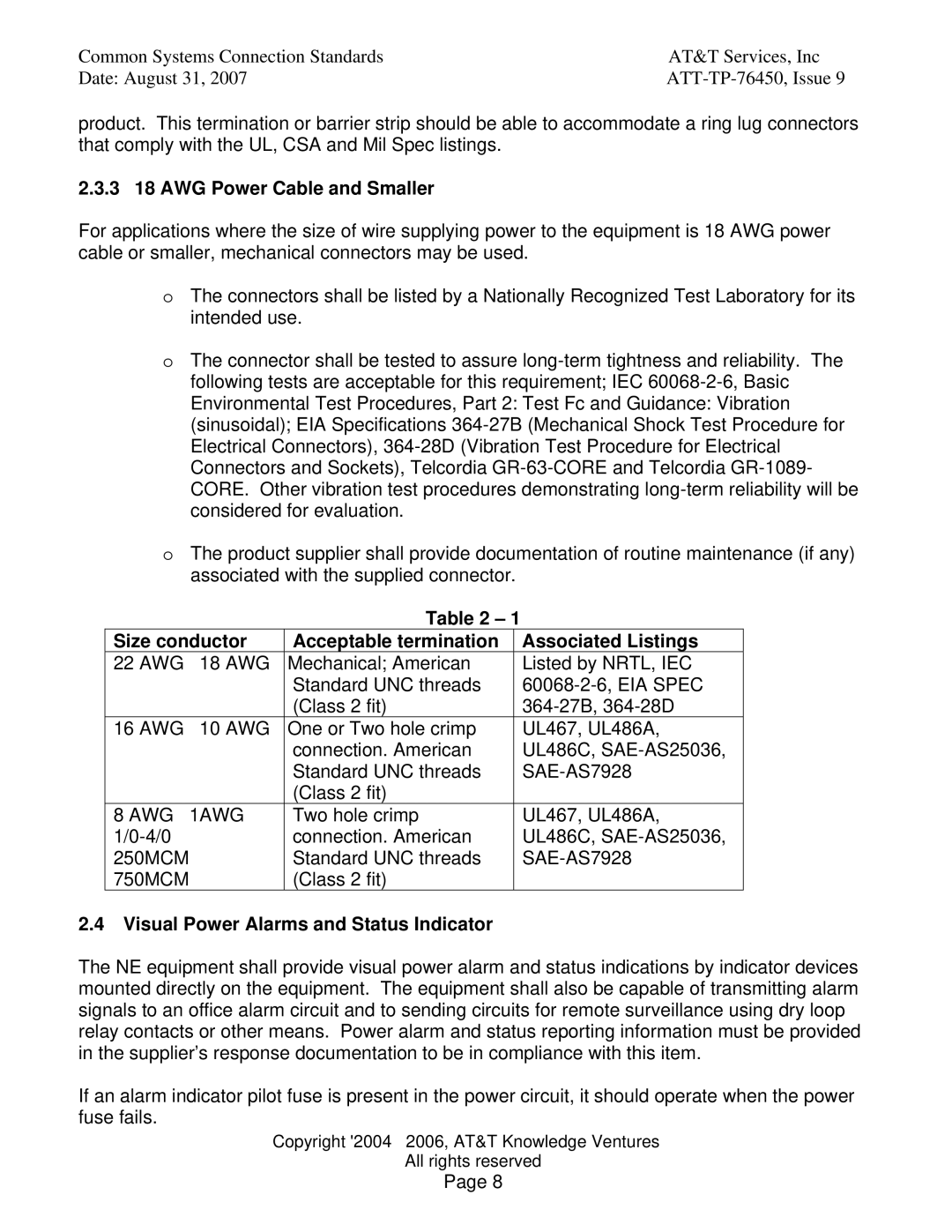 AT&T 76450 manual 3 18 AWG Power Cable and Smaller, Size conductor Acceptable termination Associated Listings 