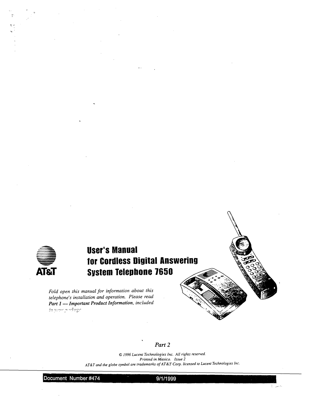 AT&T 7650 user manual UsersManual For Cordless Digital AT&T System Telephone 