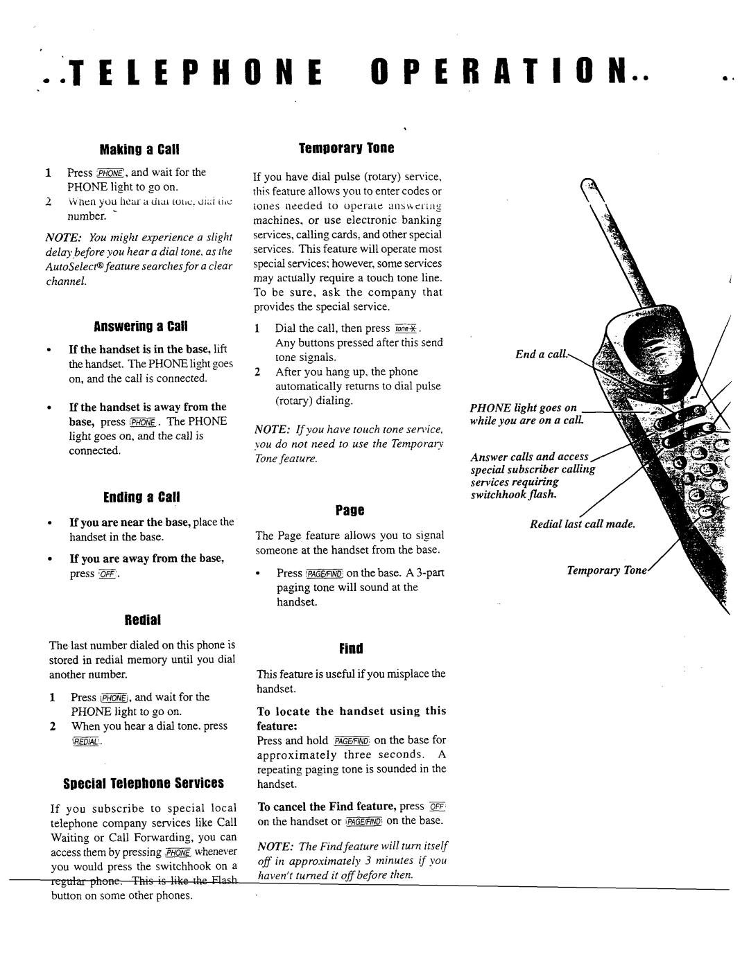 AT&T 7650 user manual Making a Gall, Answering a Call, Ending a Gall, Find, Special Telephone Services 