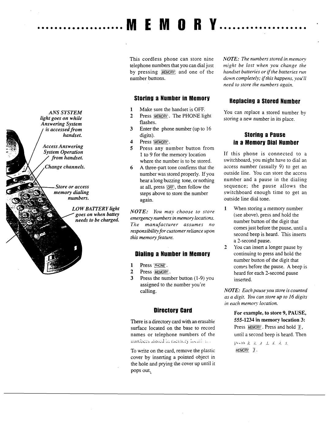 AT&T 7650 Directory Card, Re~lacins Stored Number, Storing a Pause A Memory Dial Number, Storing a Number in Memory 