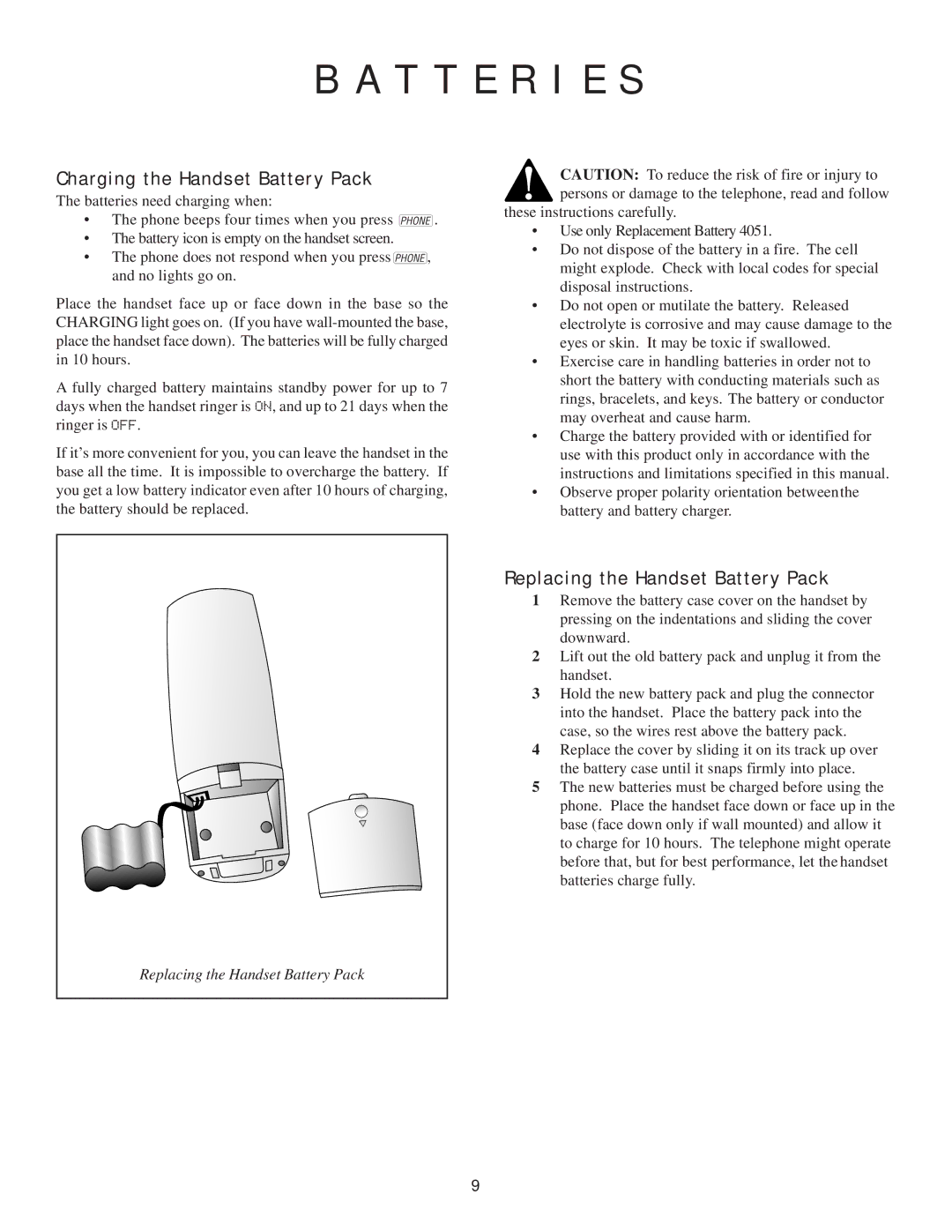 AT&T 7700 user manual T T E R I E S, Charging the Handset Battery Pack, Replacing the Handset Battery Pack 