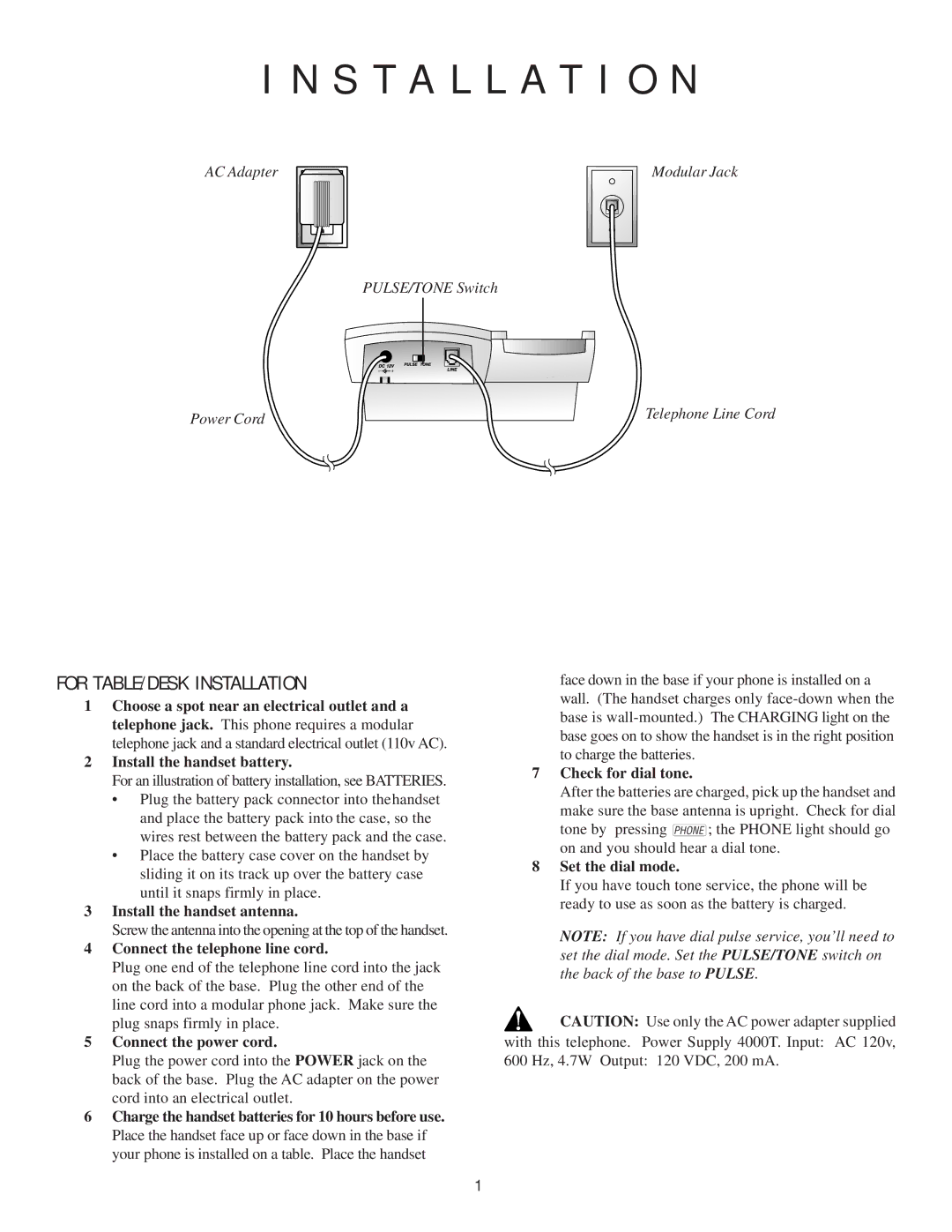 AT&T 7700 user manual For TABLE/DESK Installation 