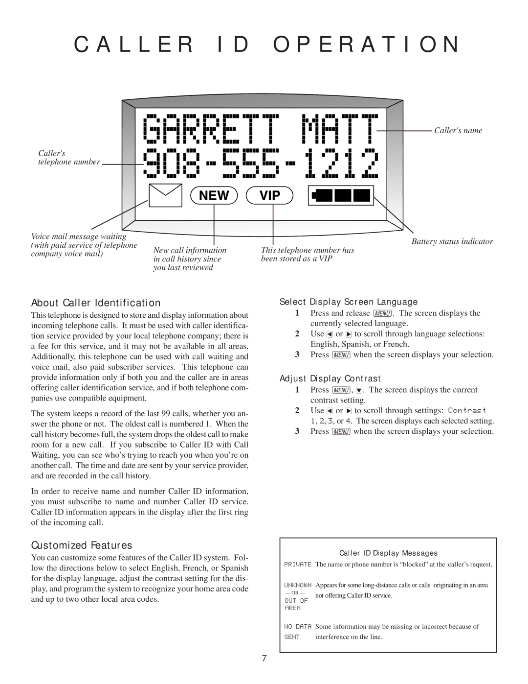 AT&T 7700 L L E R I D O P E R a T I O N, About Caller Identification, Customized Features, Select Display Screen Language 