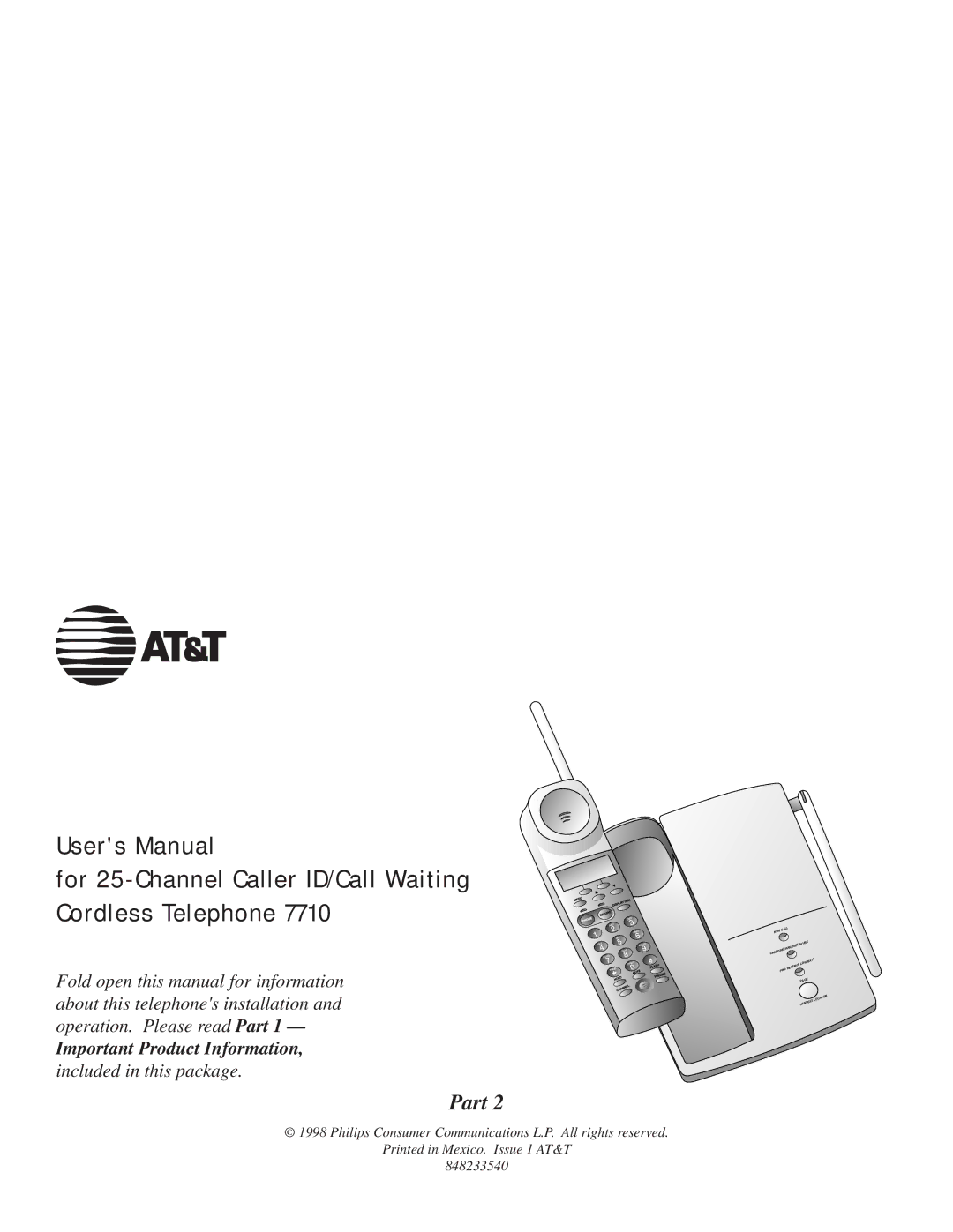 AT&T 7710 user manual For 25-Channel Caller ID/Call Waiting Cordless Telephone 