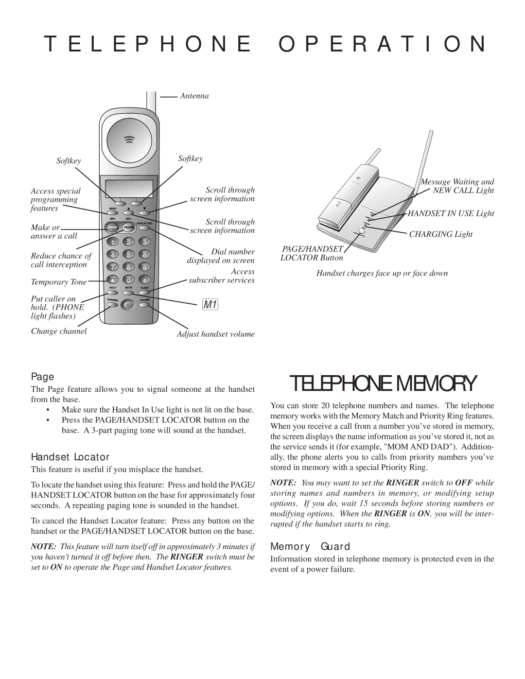 AT&T 7710 user manual Telephone Memory, Handset Locator, Memory Guard 