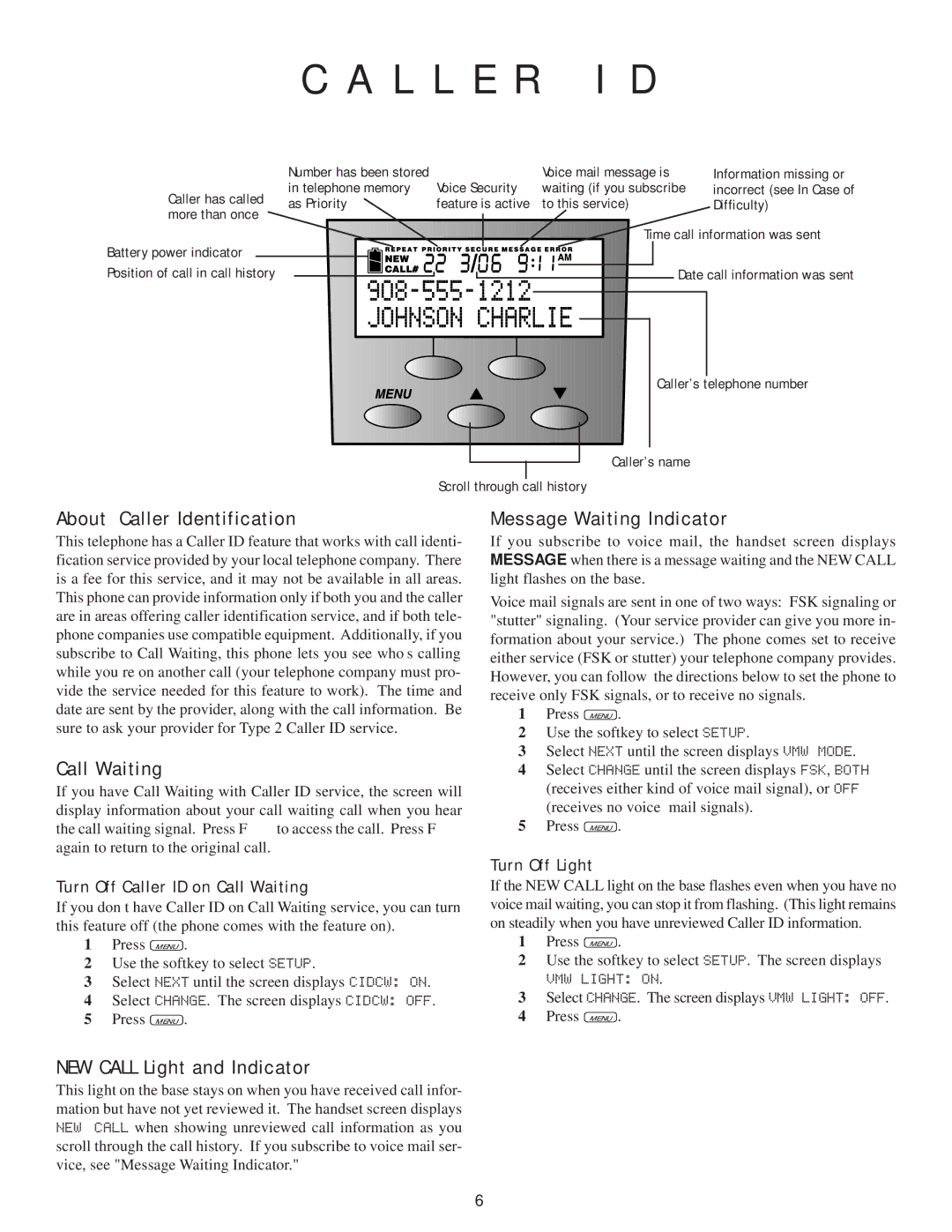 AT&T 7710 L L E R I D, About Caller Identification, Call Waiting, Message Waiting Indicator, NEW Call Light and Indicator 