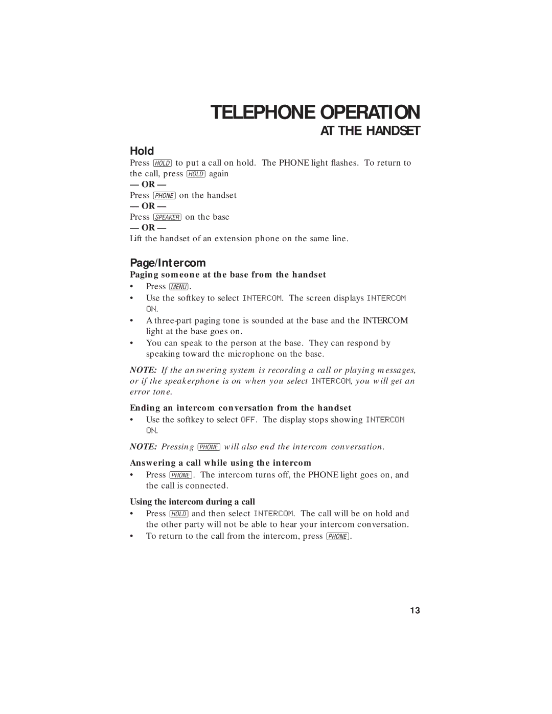 AT&T 7720 Hold, Page/Intercom, Paging someone at the base from the handset, Answering a call while using the intercom 