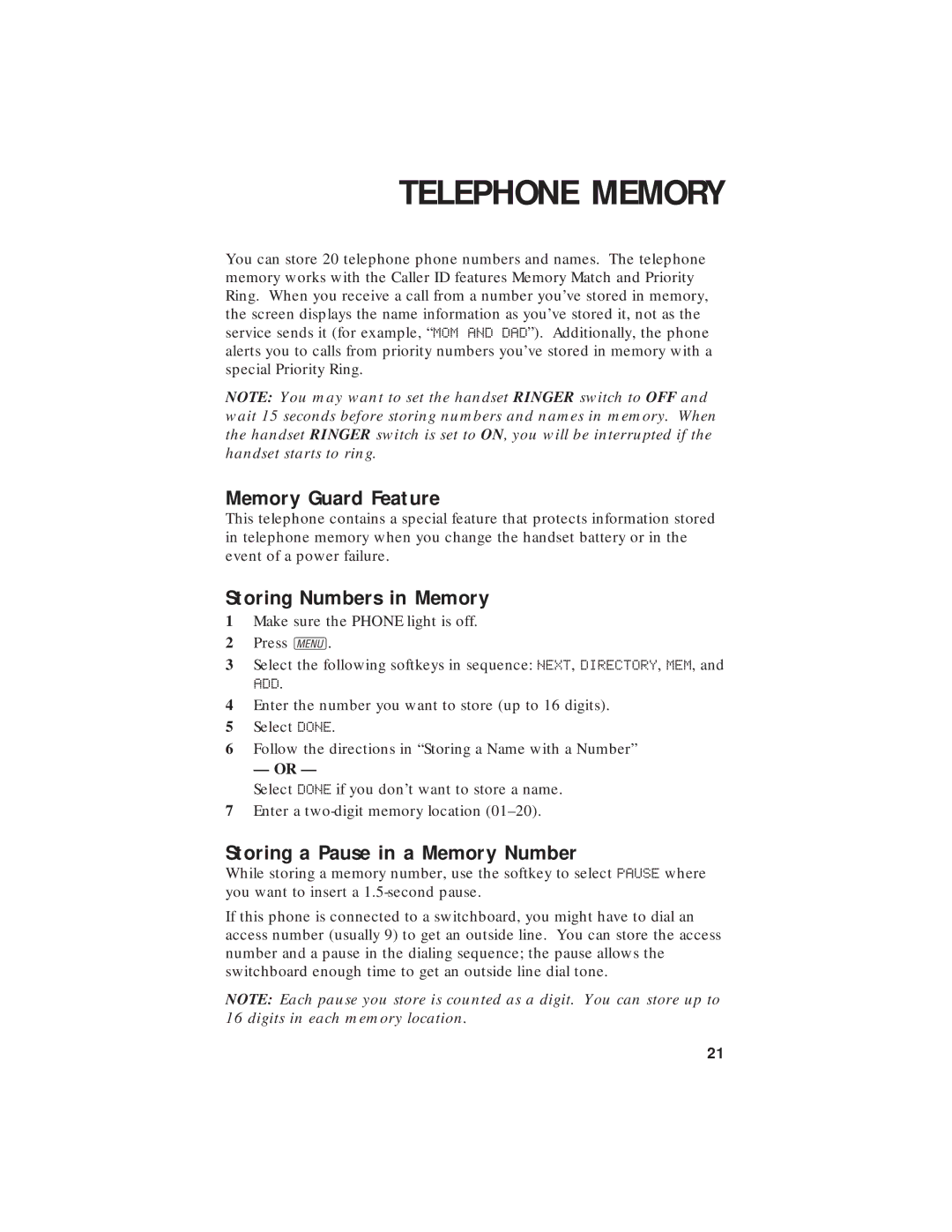 AT&T 7720 user manual Telephone Memory, Memory Guard Feature, Storing Numbers in Memory, Storing a Pause in a Memory Number 