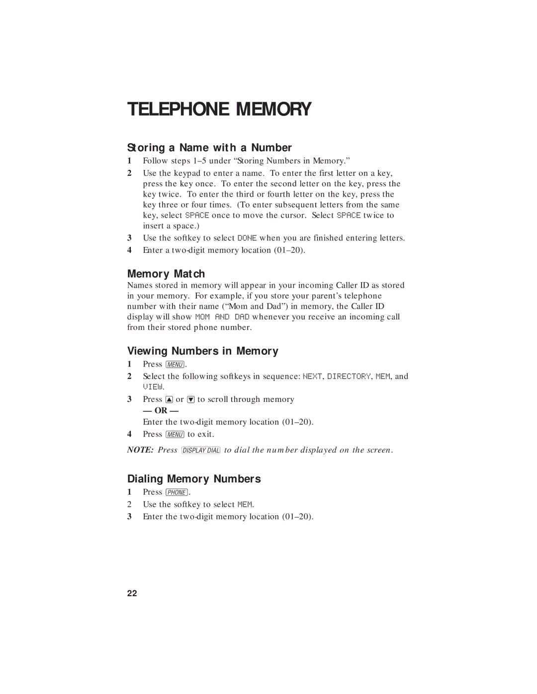 AT&T 7720 user manual Storing a Name with a Number, Memory Match, Viewing Numbers in Memory, Dialing Memory Numbers 