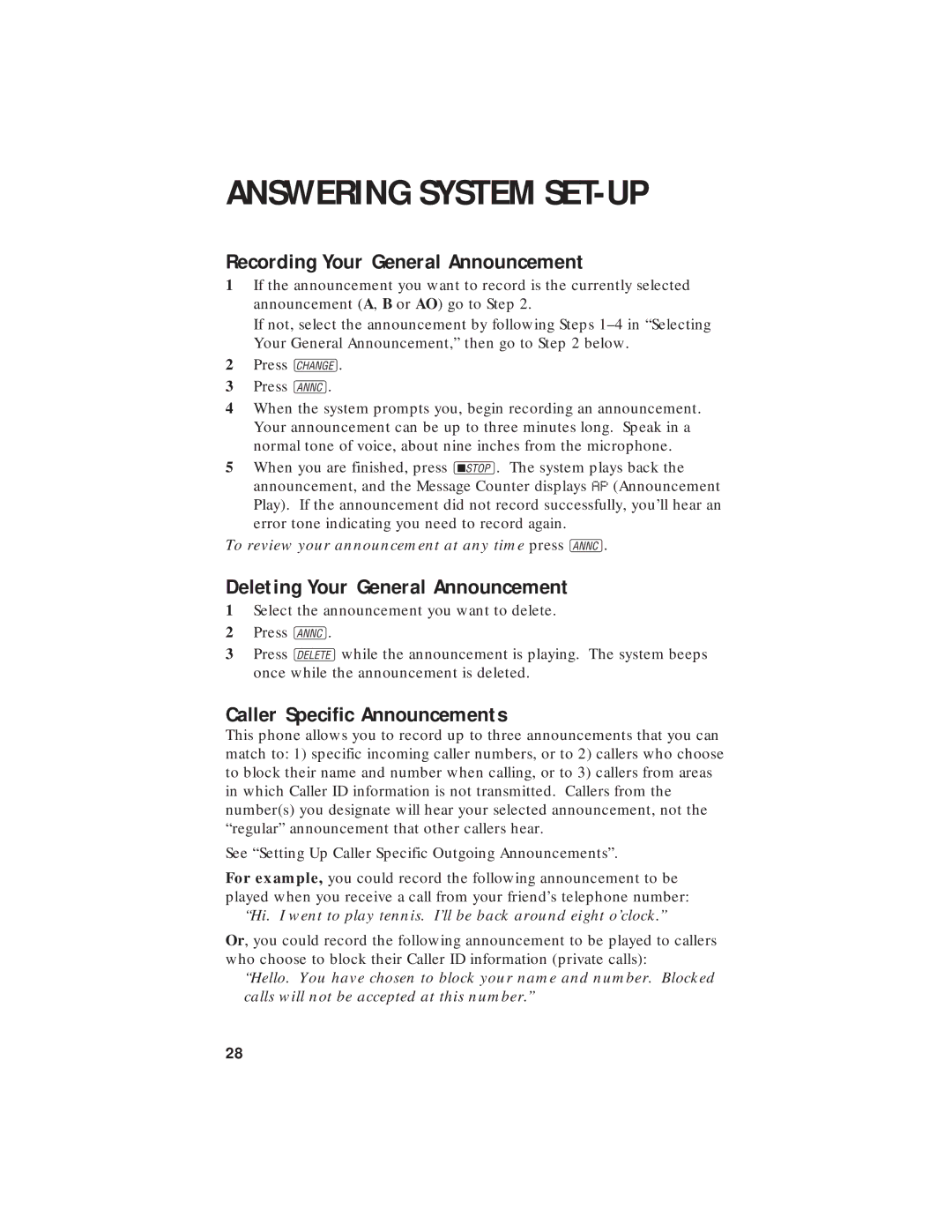 AT&T 7720 Recording Your General Announcement, Deleting Your General Announcement, Caller Specific Announcements 