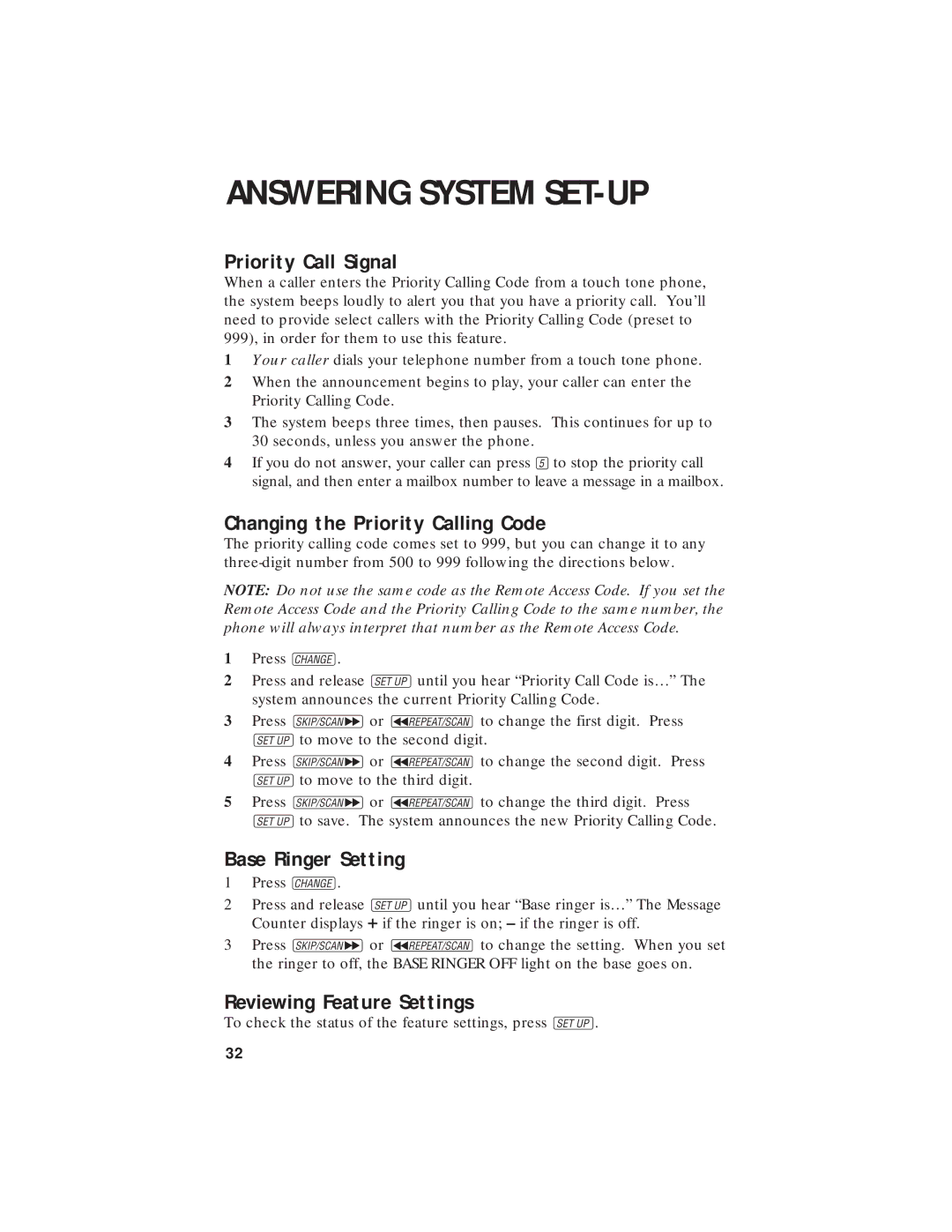 AT&T 7720 Priority Call Signal, Changing the Priority Calling Code, Base Ringer Setting, Reviewing Feature Settings 