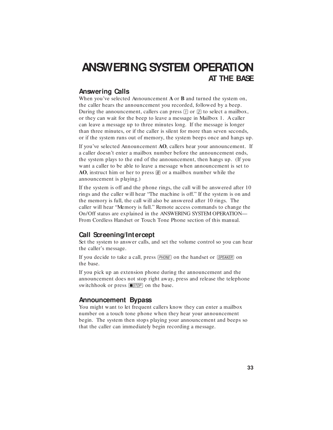 AT&T 7720 user manual Answering System Operation, Answering Calls, Call Screening/Intercept, Announcement Bypass 