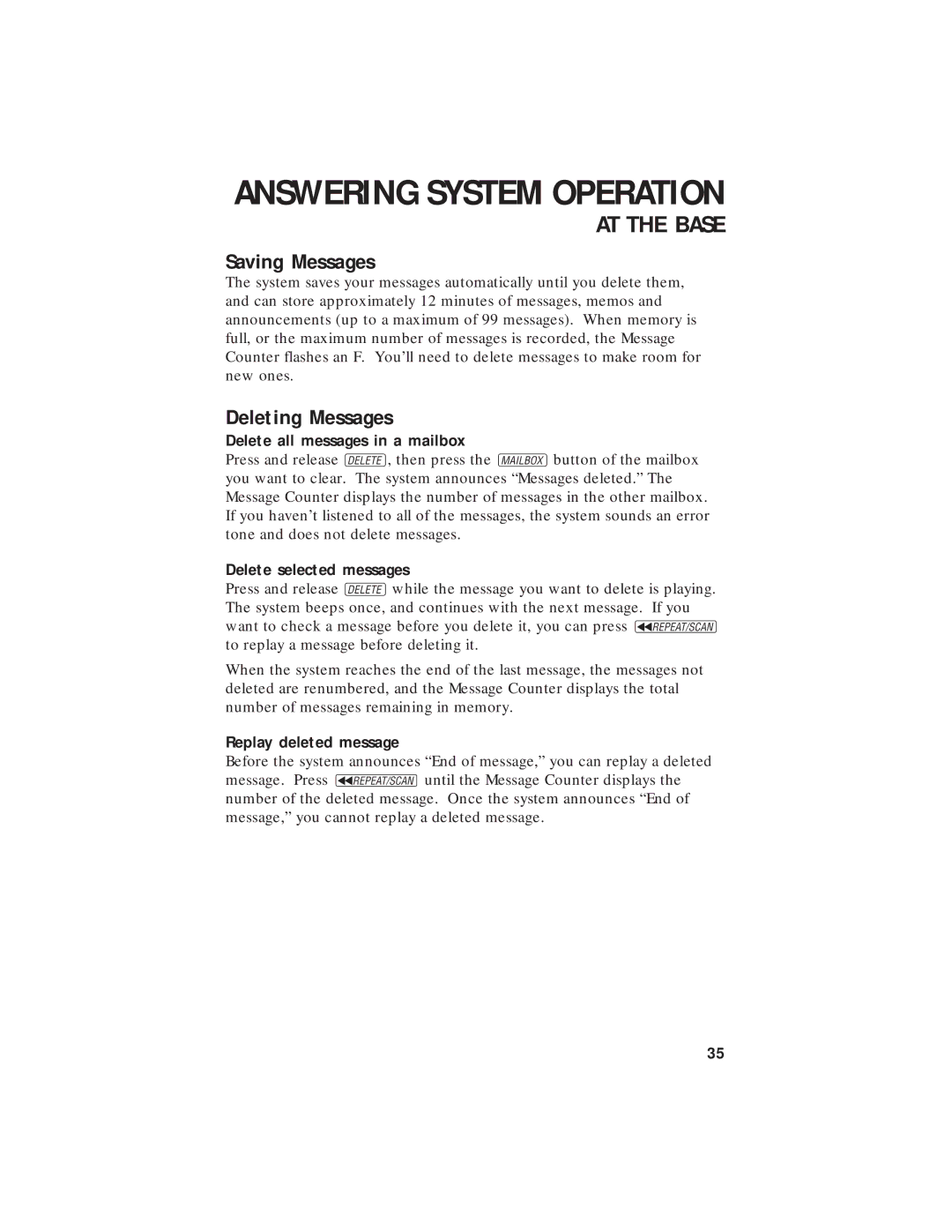 AT&T 7720 user manual Saving Messages, Deleting Messages, Delete all messages in a mailbox, Delete selected messages 